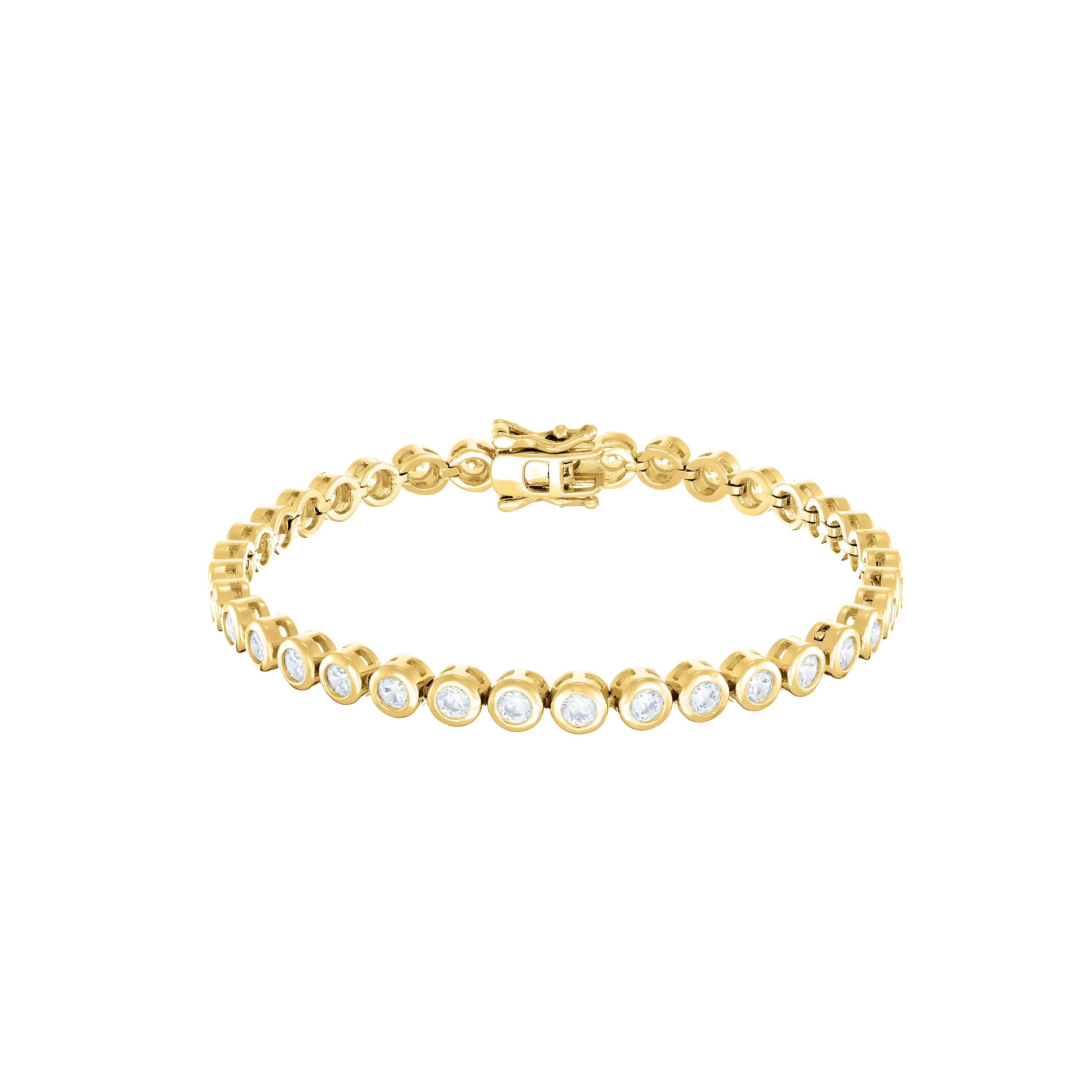 Round Bezel Cz Tennis Bracelet With Box Clasp - Gold White - 3mm