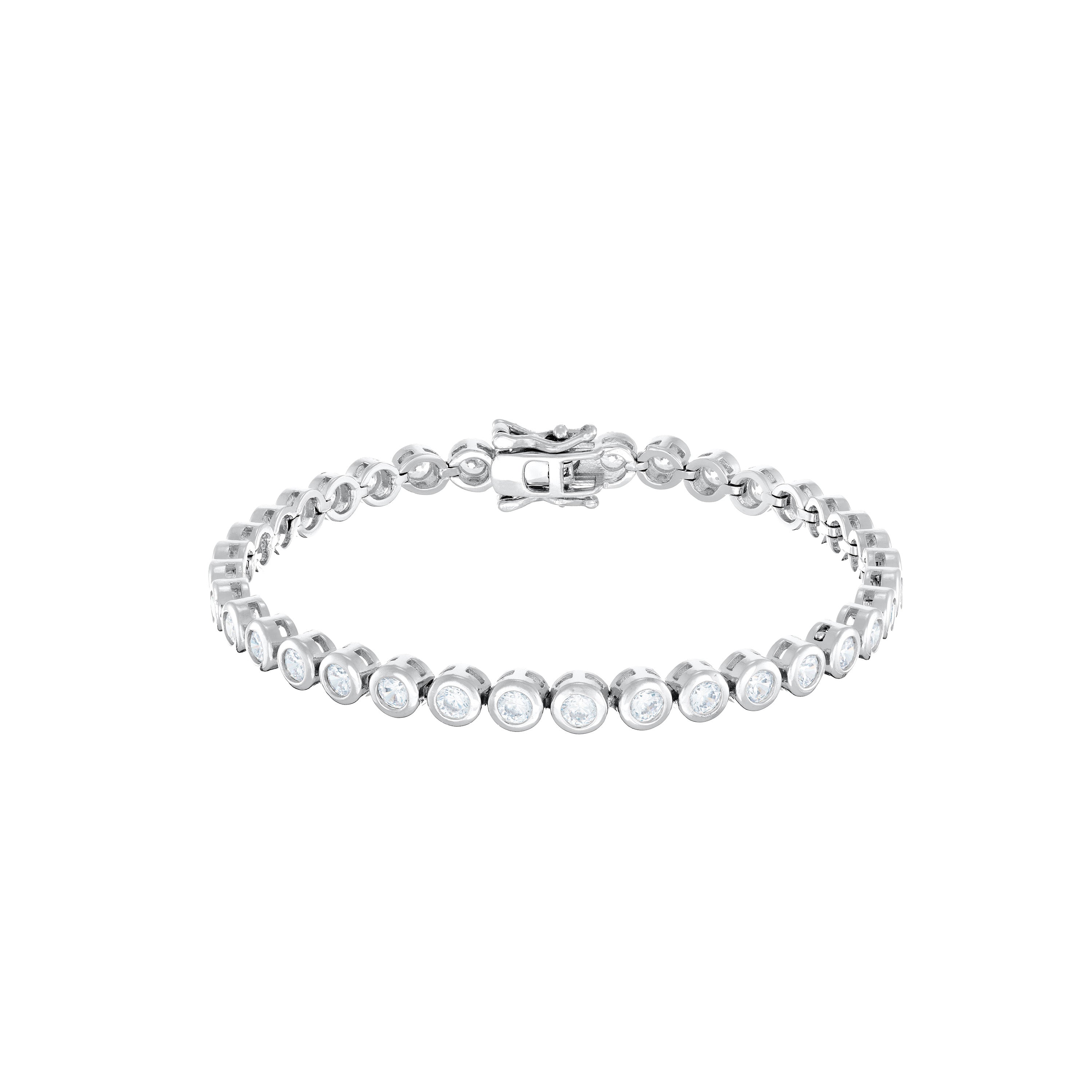 Round Bezel Cz Tennis Bracelet With Box Clasp - Silver White - 3mm