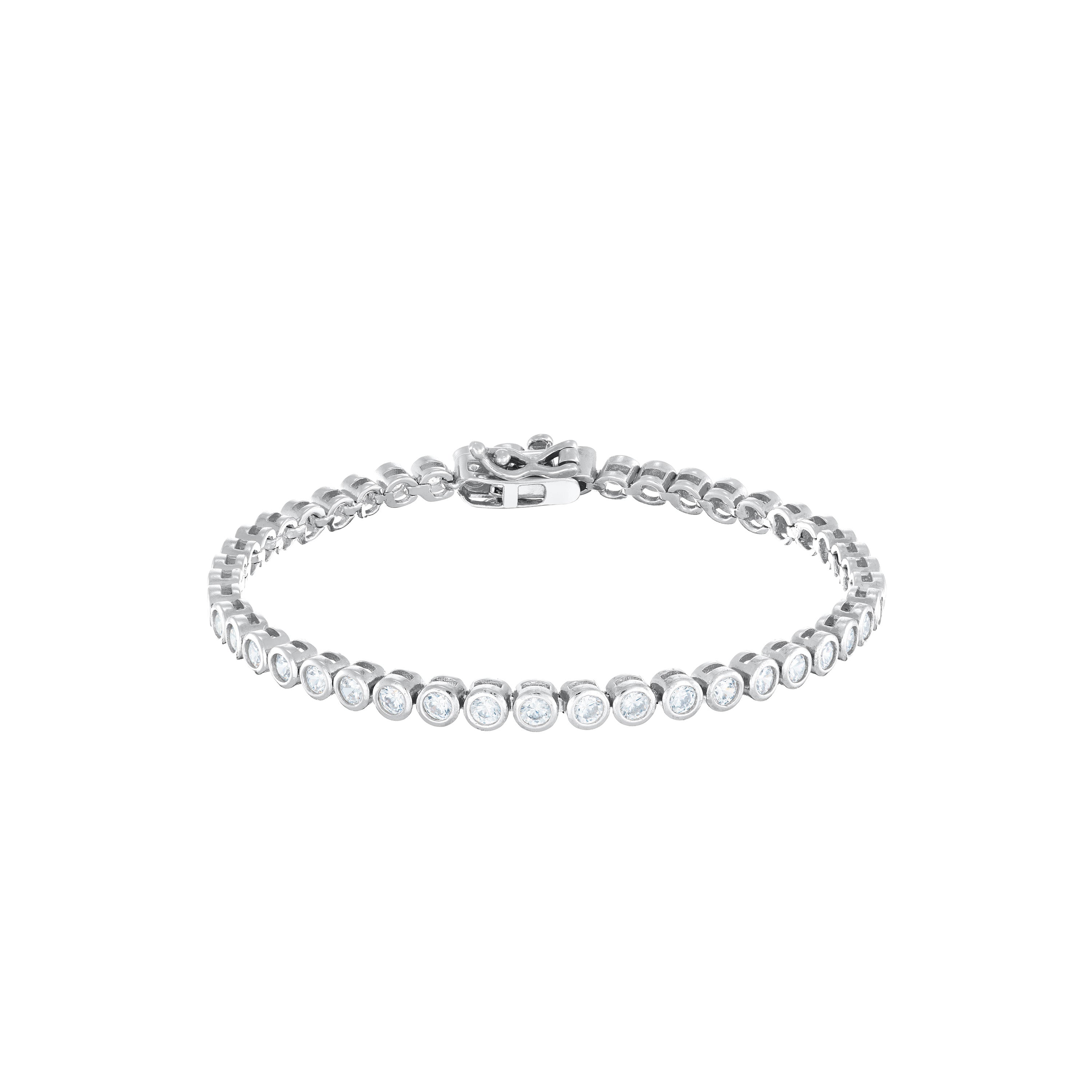 Round Bezel Cz Tennis Bracelet With Box Clasp - Silver White - 2.5mm