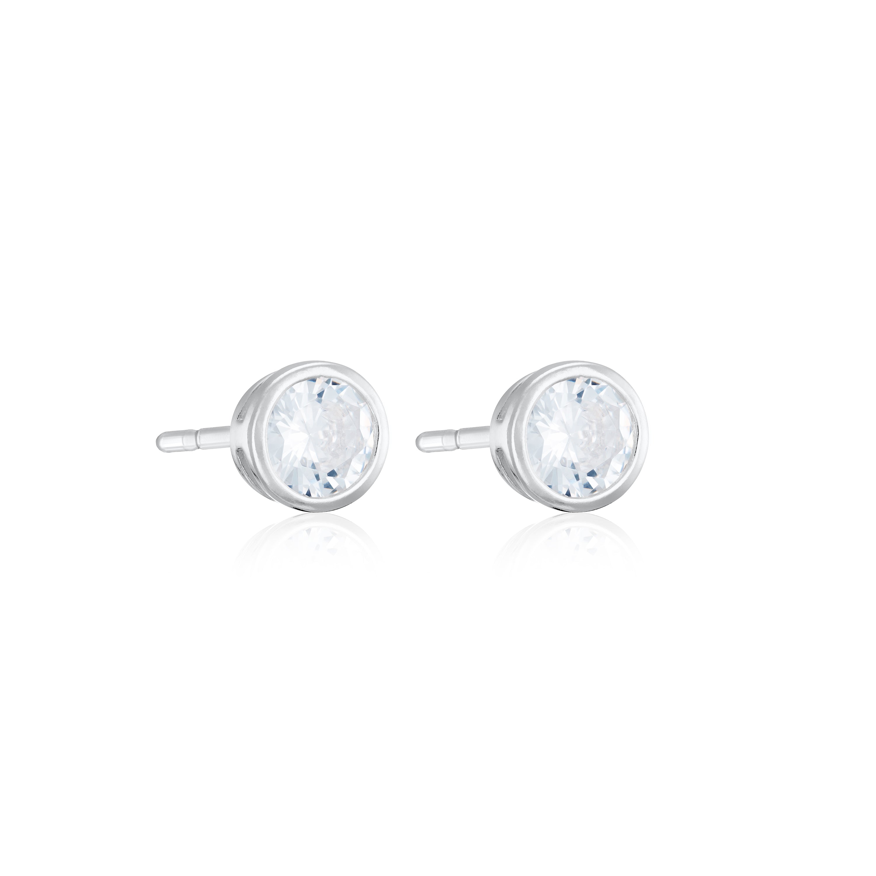 Round Cubic Zirconia Bezel Stud Earrings - Silver White - Medium