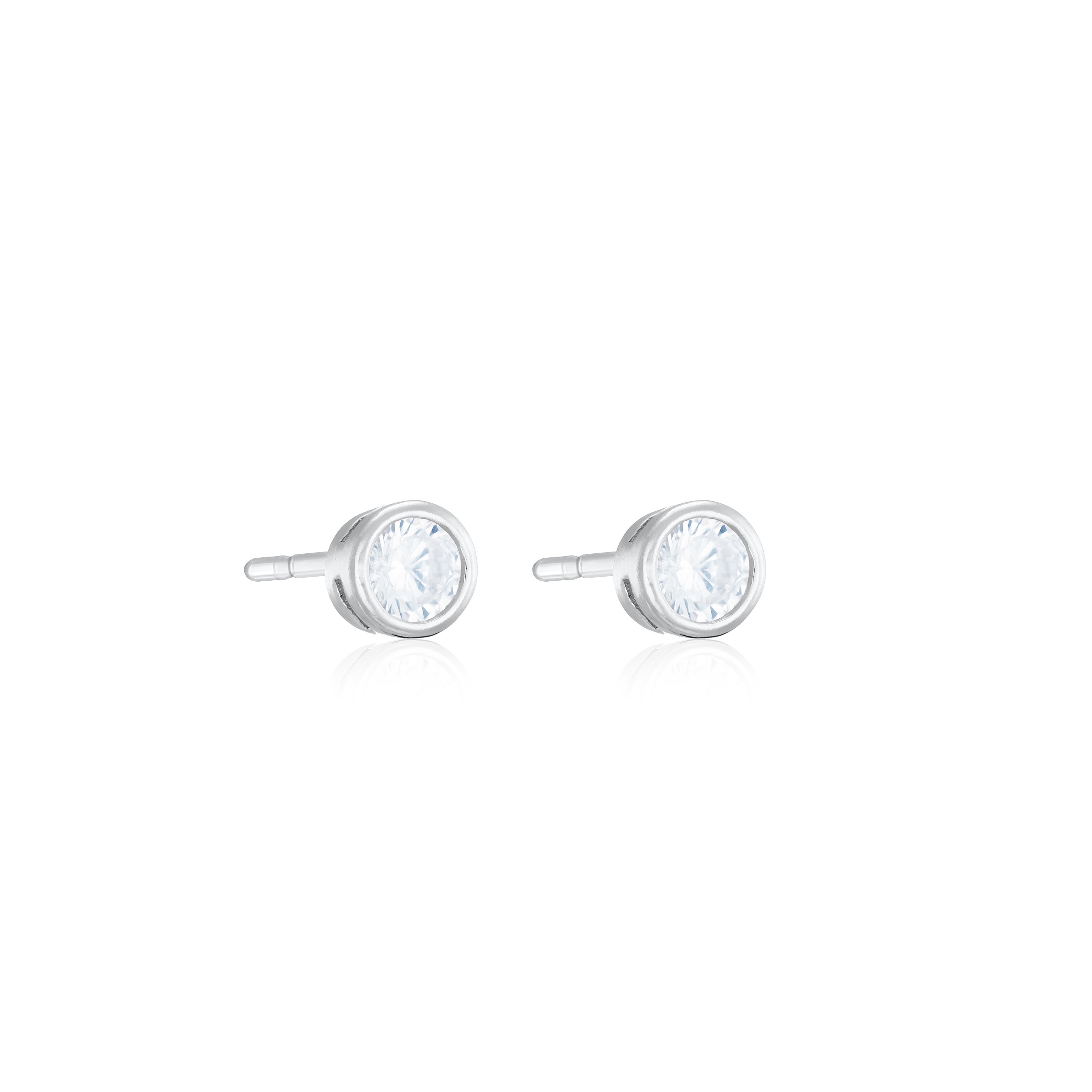 Round Cubic Zirconia Bezel Stud Earrings - Silver White - Small