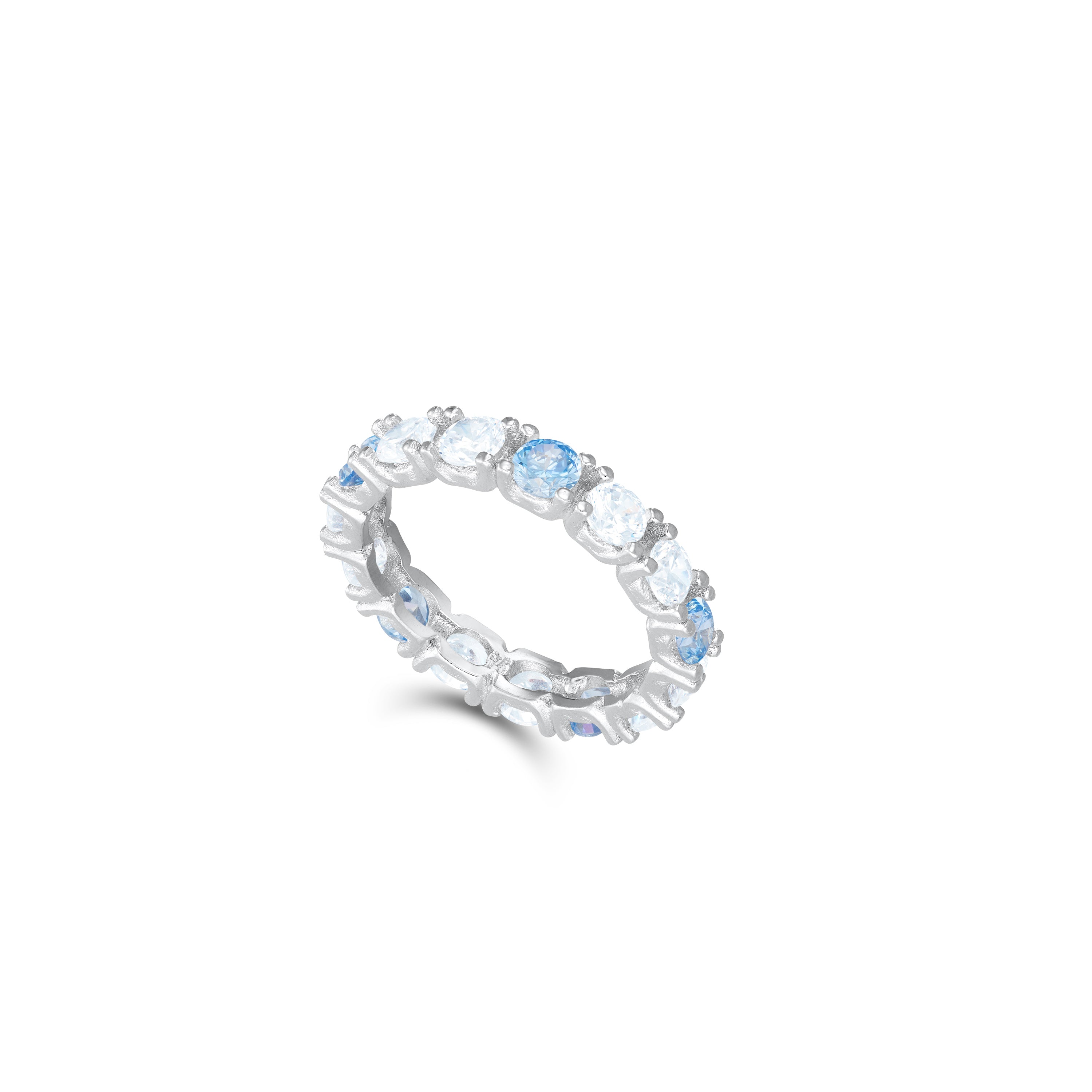 Round Cubic Zirconia Eternity  Ring - Silver Dot Aquamarine And White