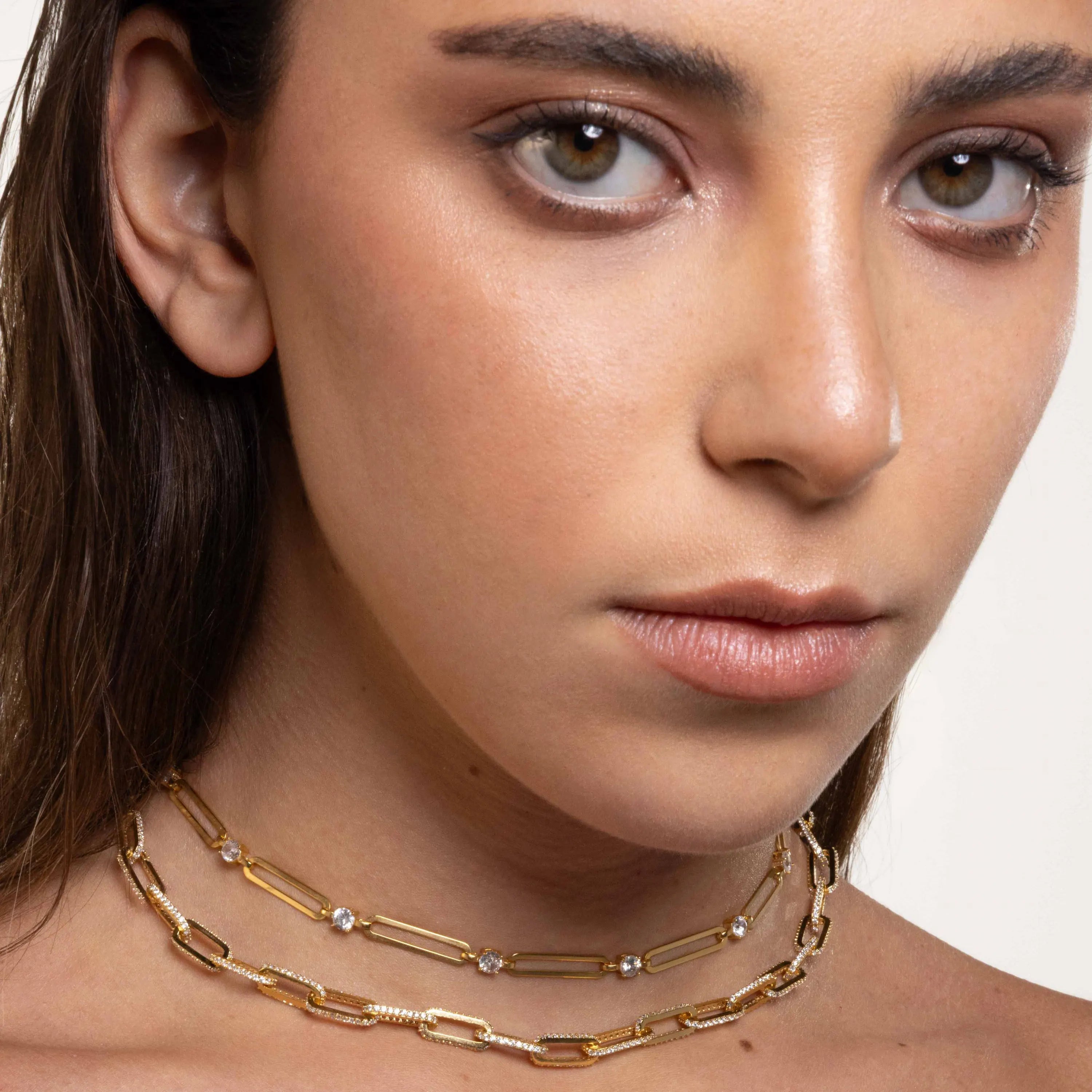 Side Pave Paperclip Link Choker - Gold White