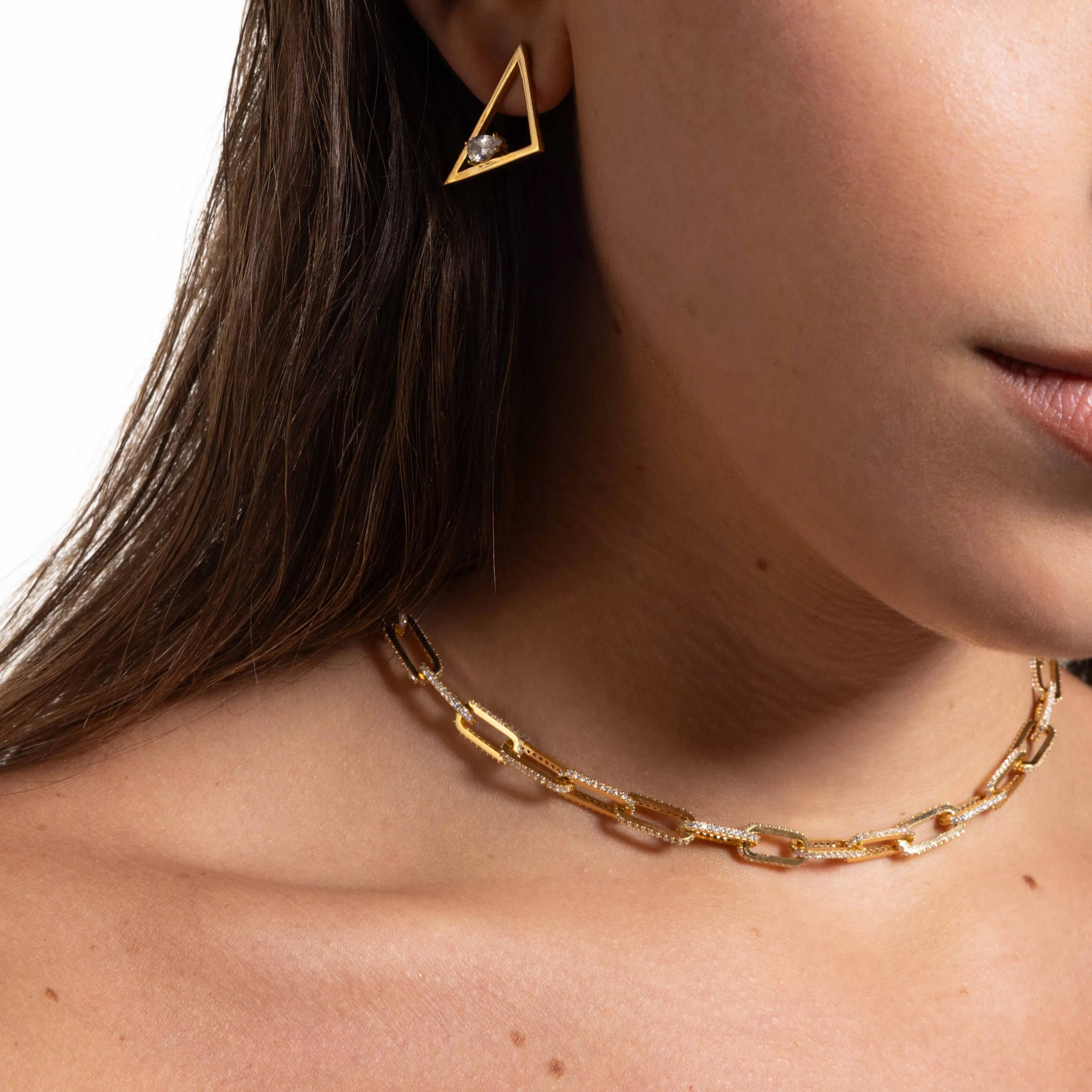 Side Pave Paperclip Link Choker - Gold White