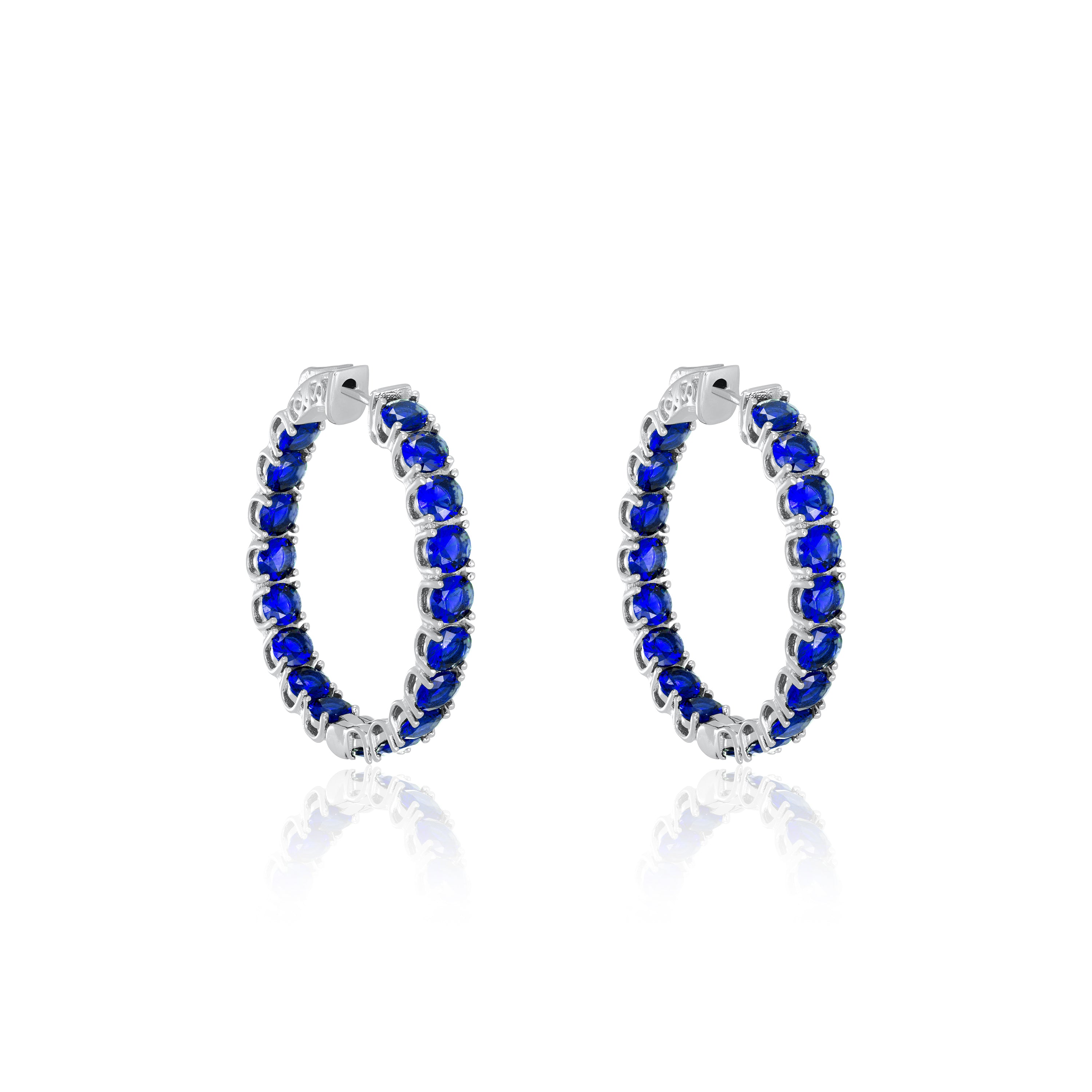 Simple Inside-Out Hoop Earrings - Silver Navy Blue - Medium