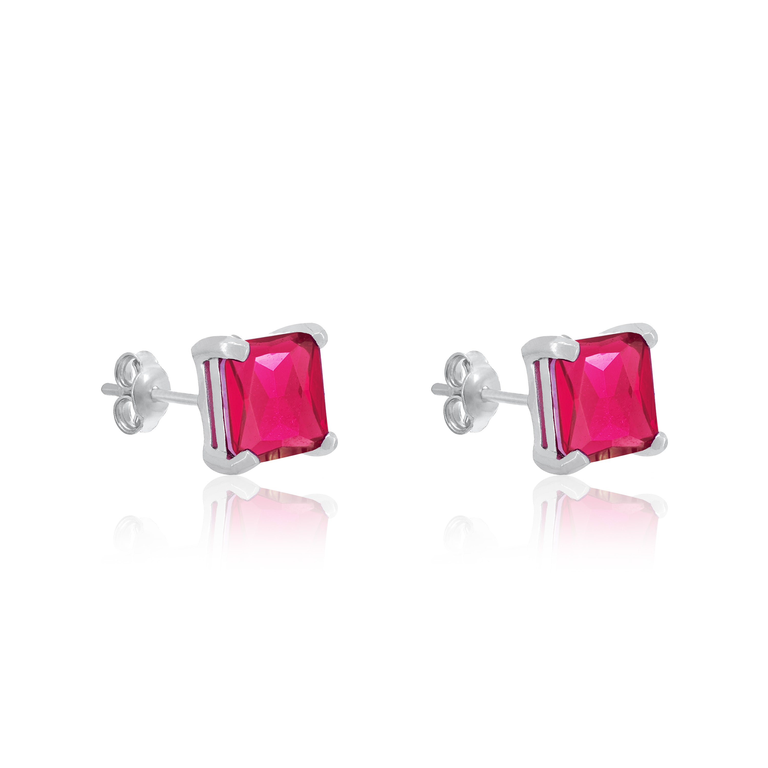 Square Stud Earrings - Silver Ruby Cz