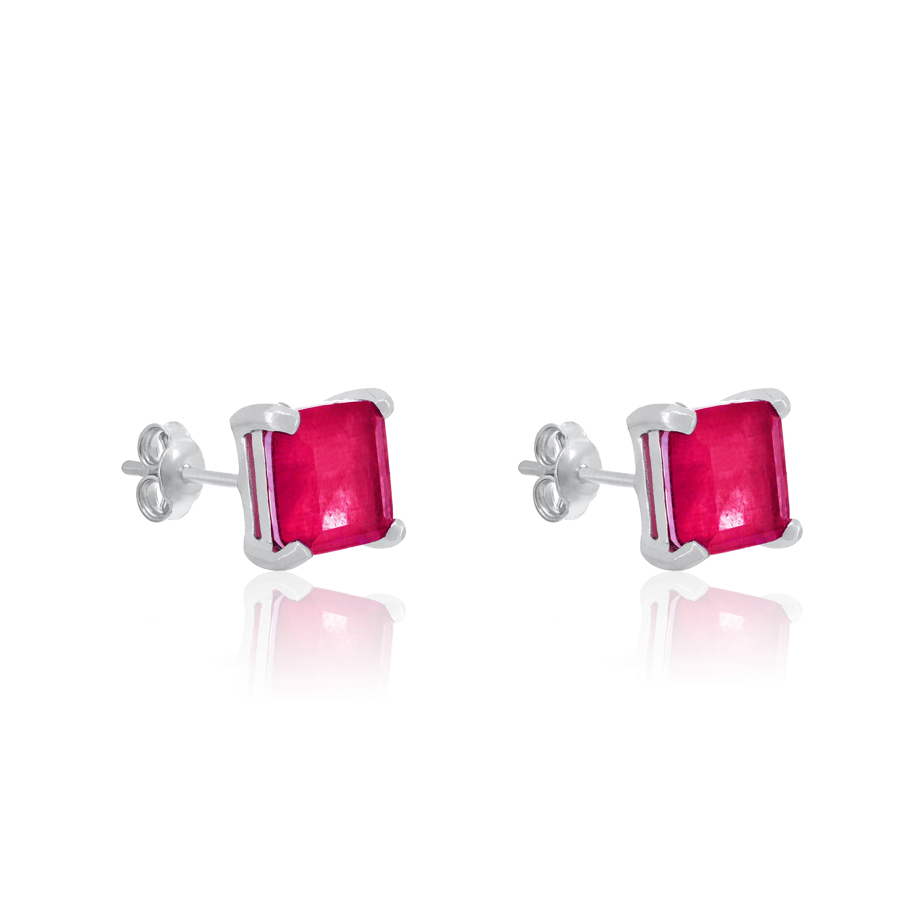 Square Stud Earrings - Silver Ruby Matt