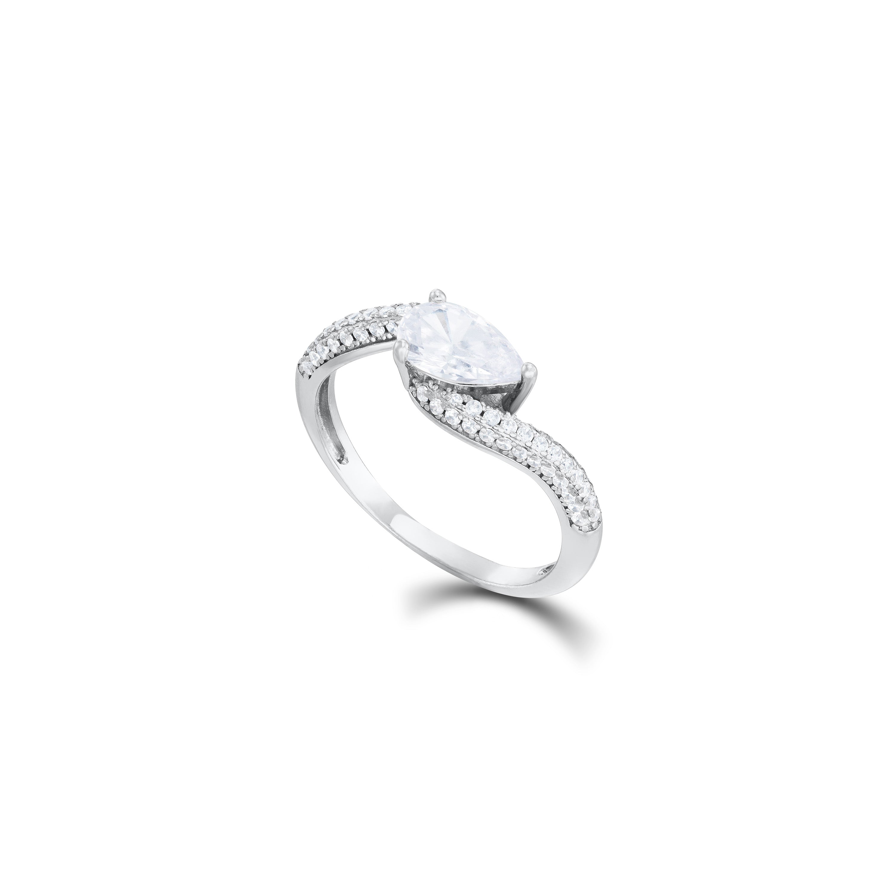 Swirl Teardrop Pave CZ Ring - Silver White