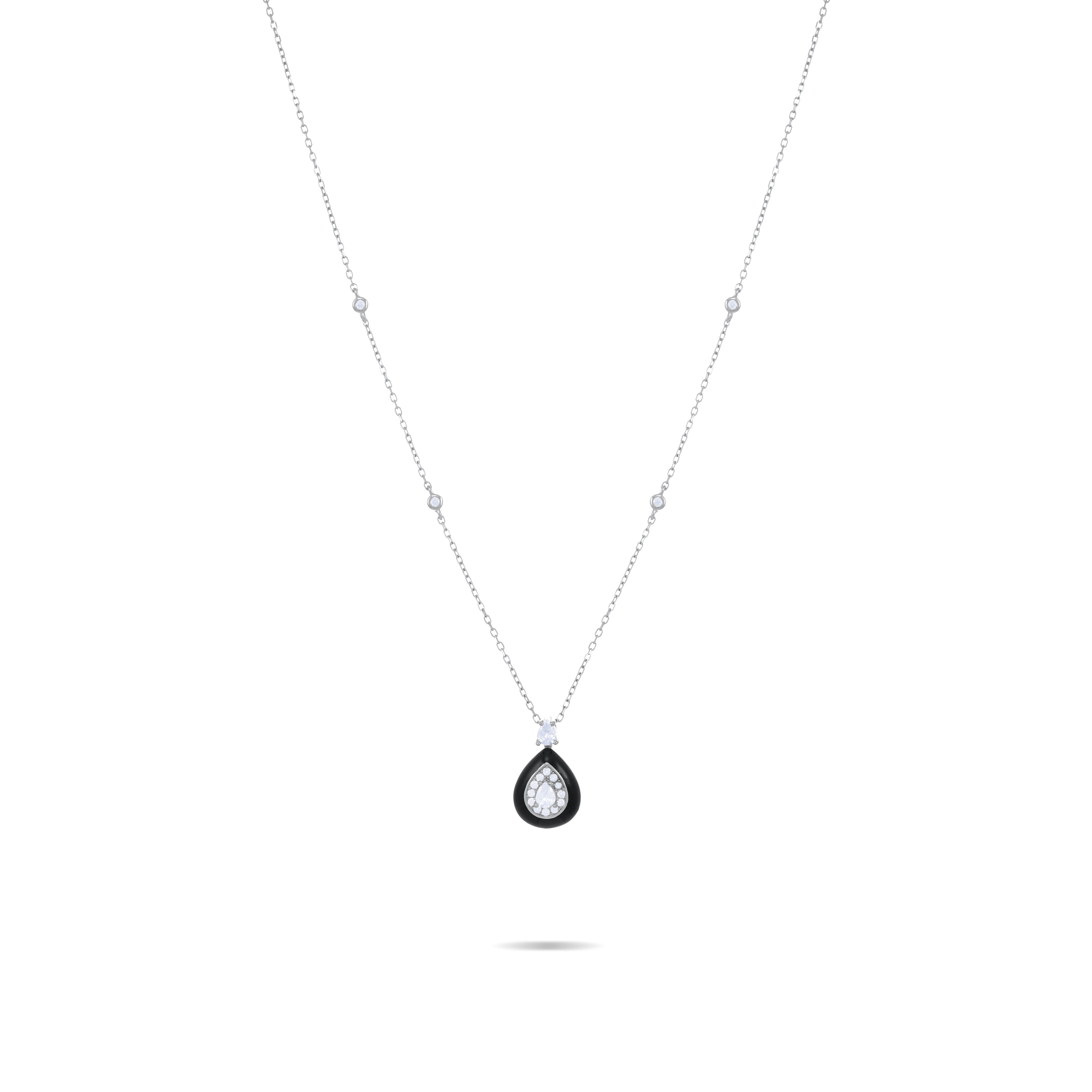 Teardrop Shaped And Framed Enamel With CZ Necklace