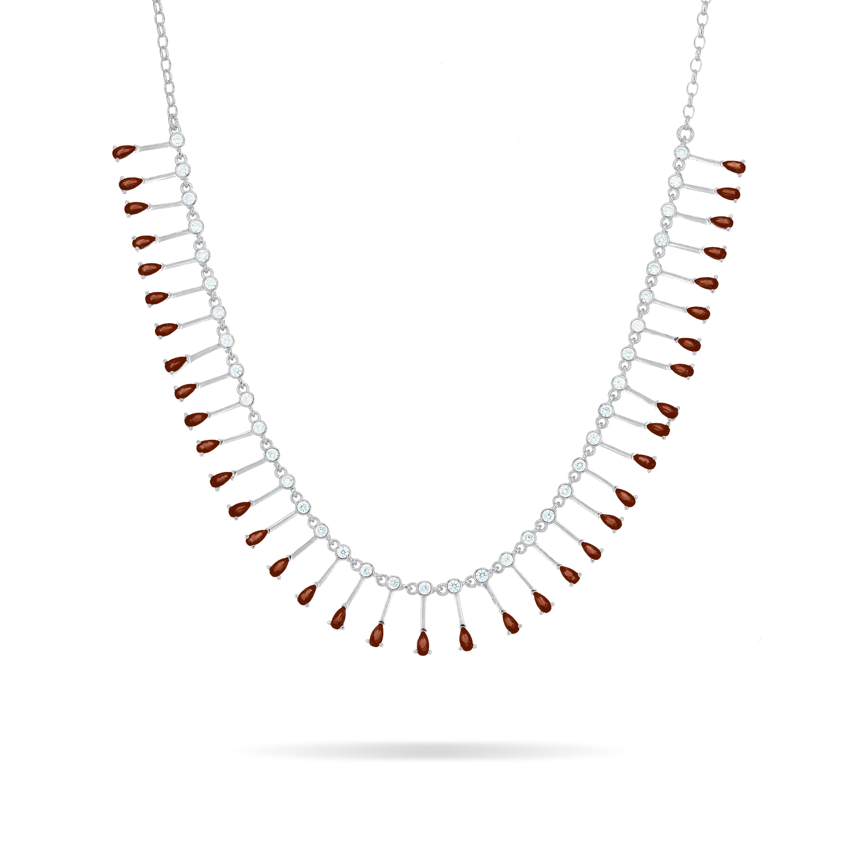 Teardrop Fringe Necklace - Silver Brown And White