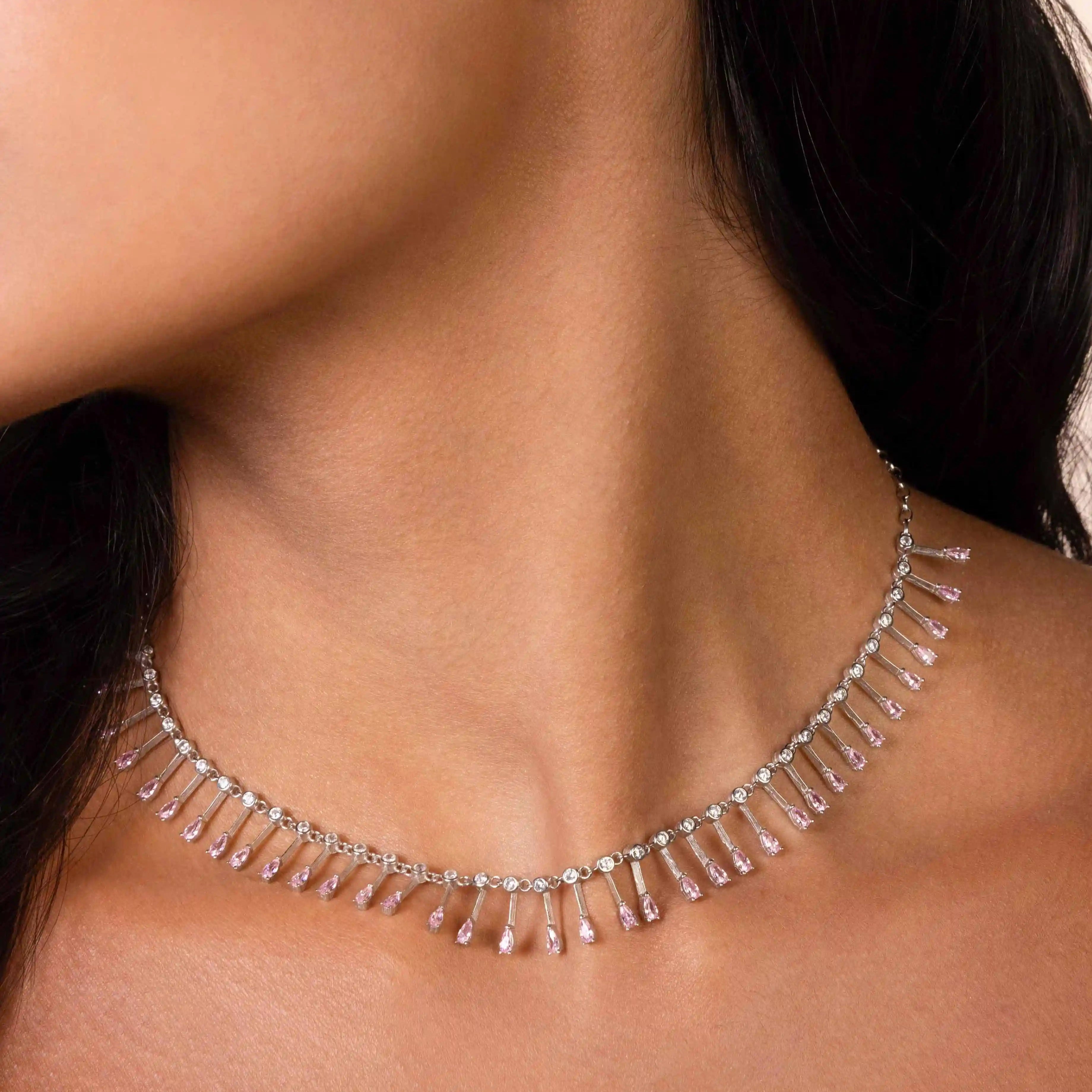 Teardrop Fringe Necklace - Silver Light Pink And White