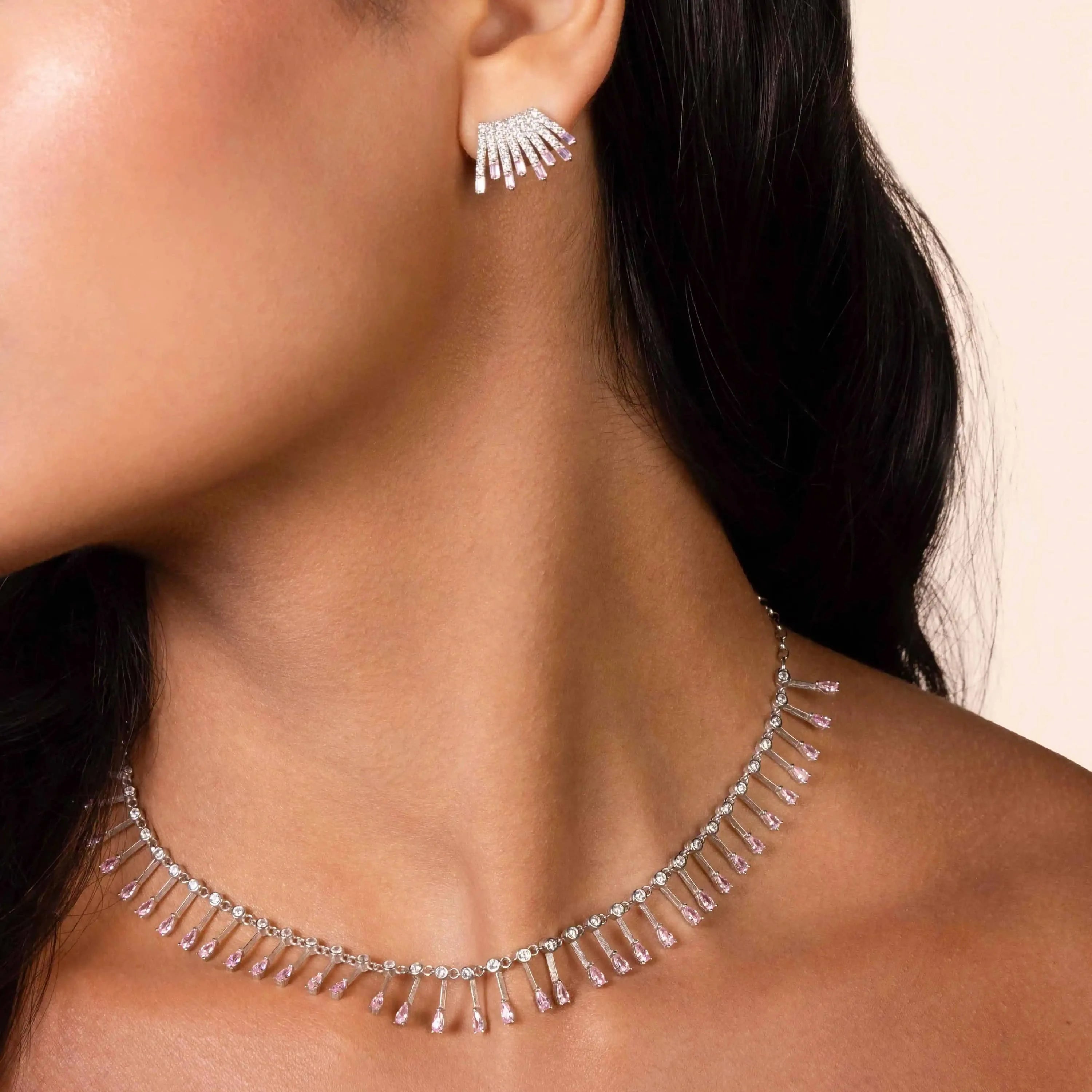 Teardrop Fringe Necklace - Silver Light Pink And White