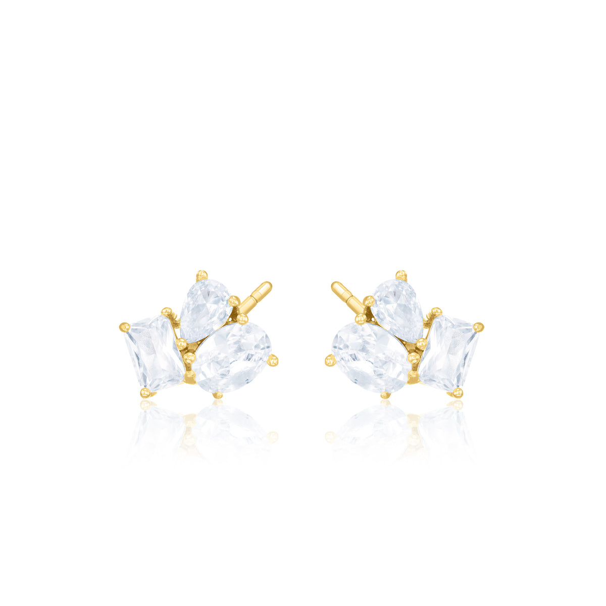 Teardrop Oval And Emerald Cut Cluster Stud Earrings - Gold White