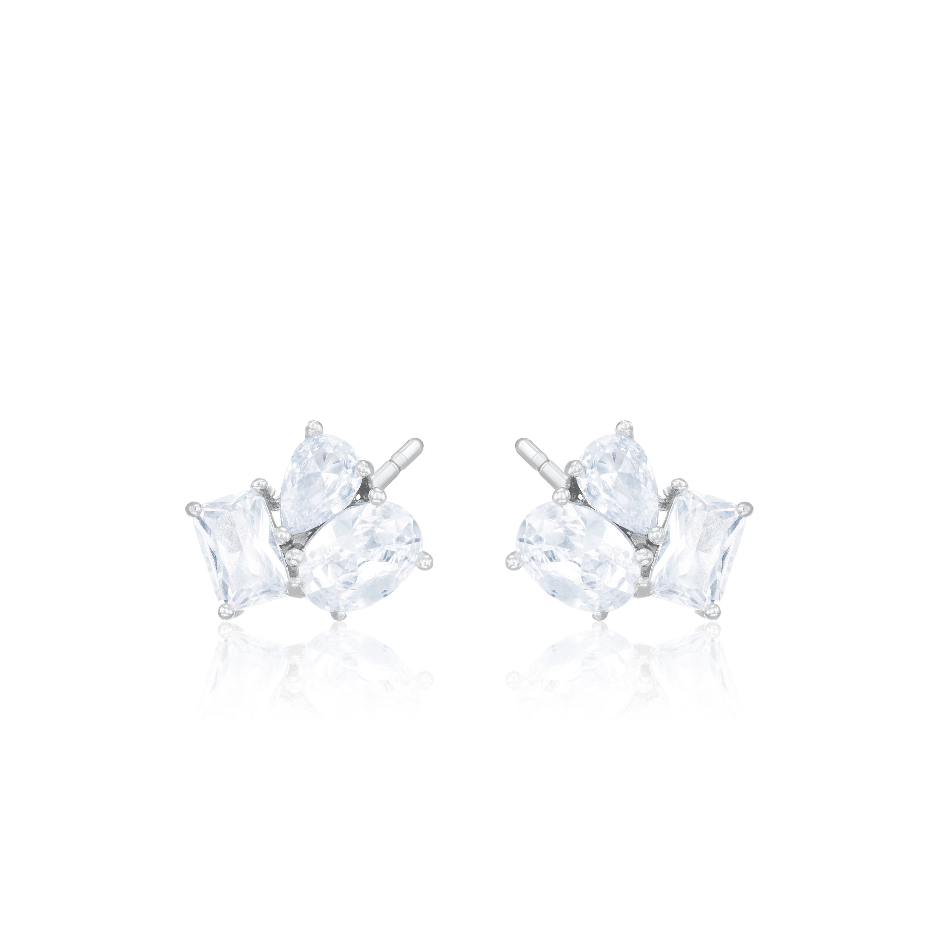 Teardrop Oval And Emerald Cut Cluster Stud Earrings -  Silver White