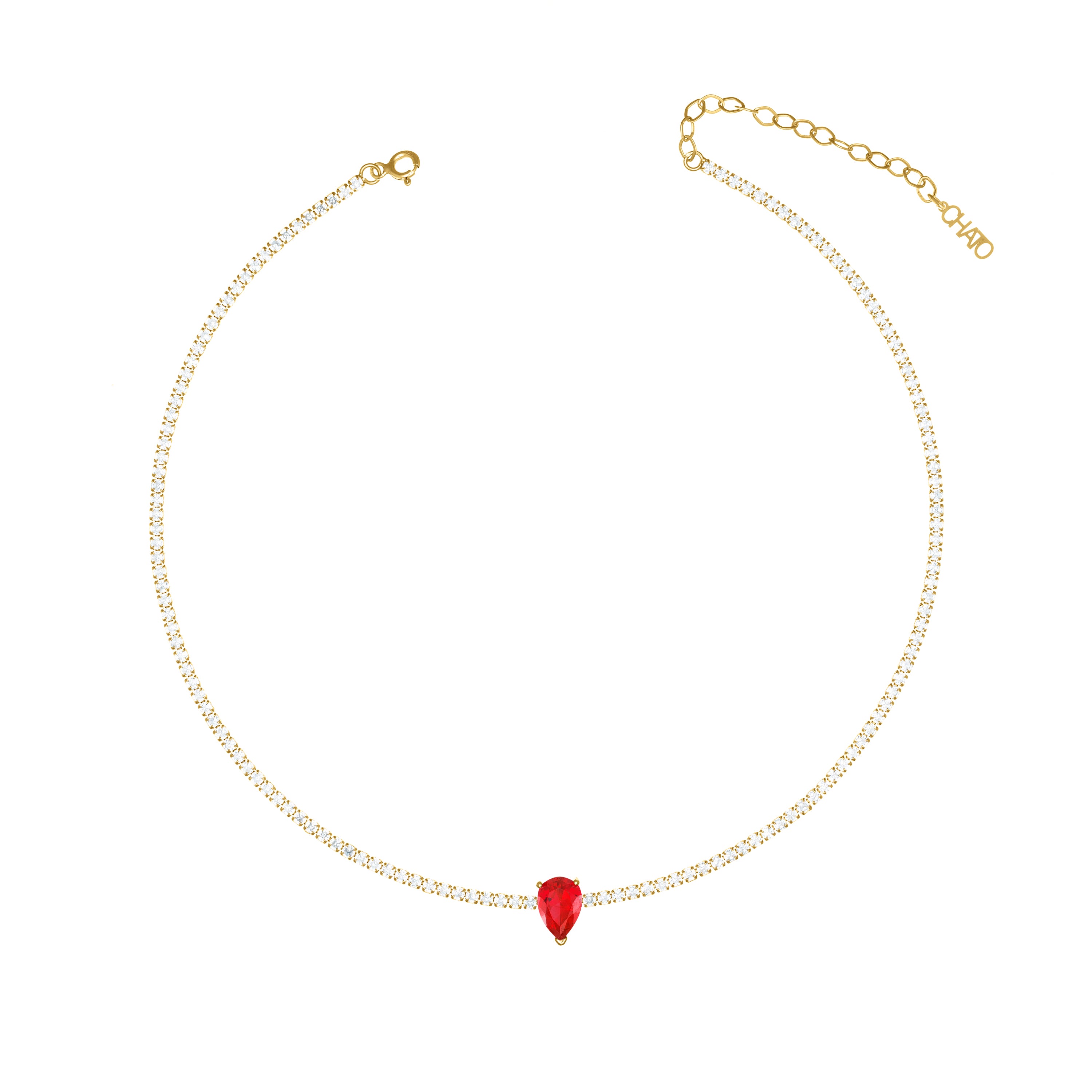 Teardrop Tennis Choker With Paraiba Stone - Gold Ruby CZ And White - Small Teardrop