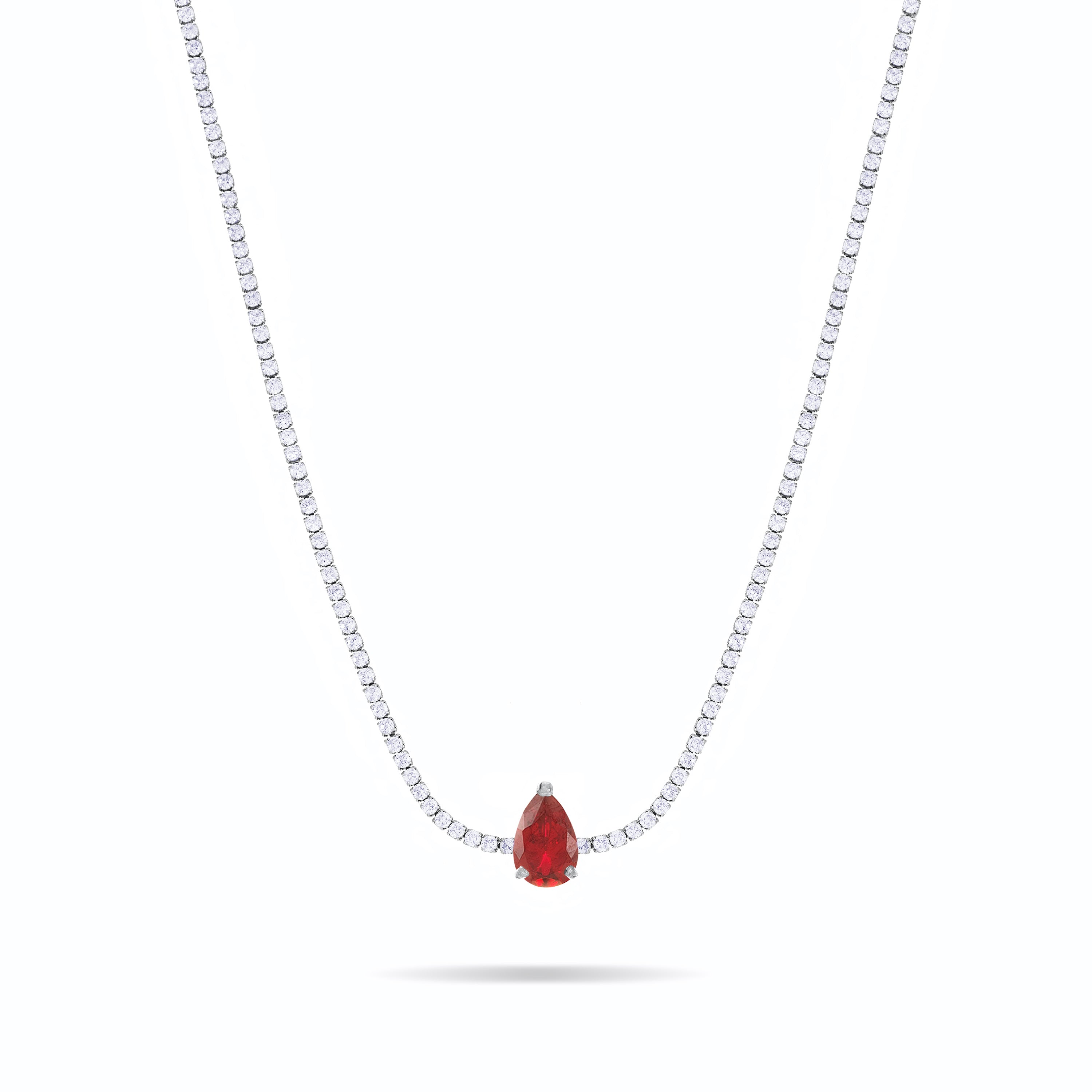 Teardrop Tennis Choker With Paraiba Stone - Silver Ruby CZ And White - Big Stone