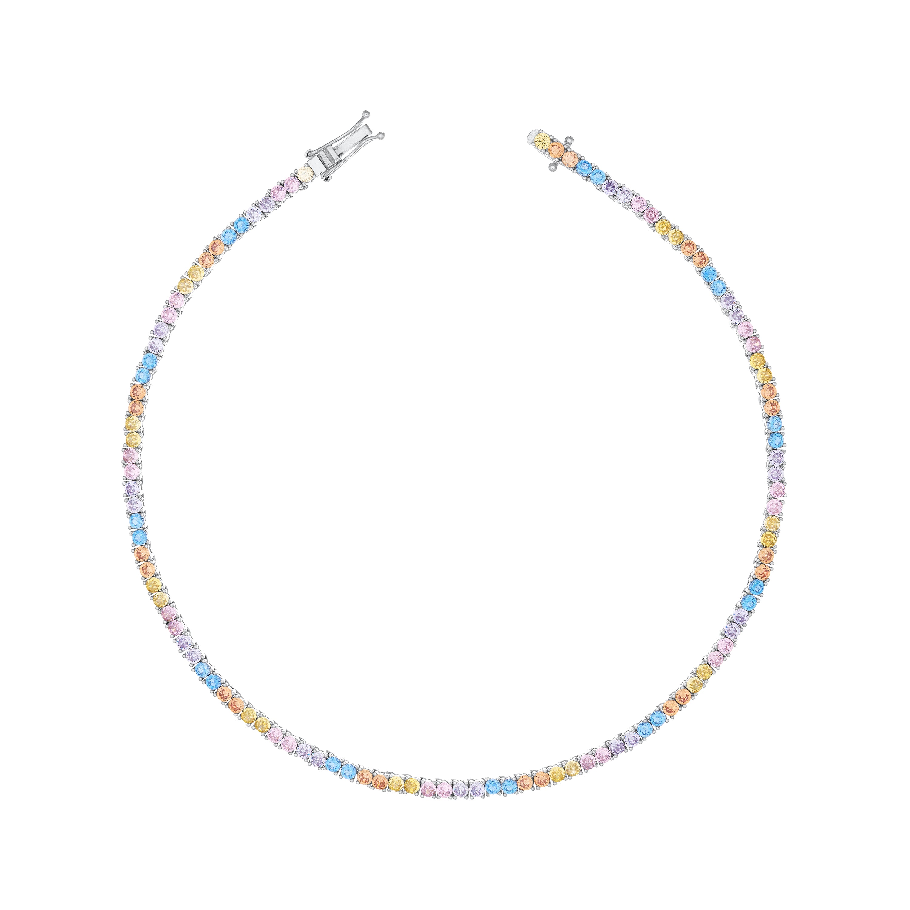 Tennis Necklace With Box Clasp - Silver Pastel Rainbow - 3mm