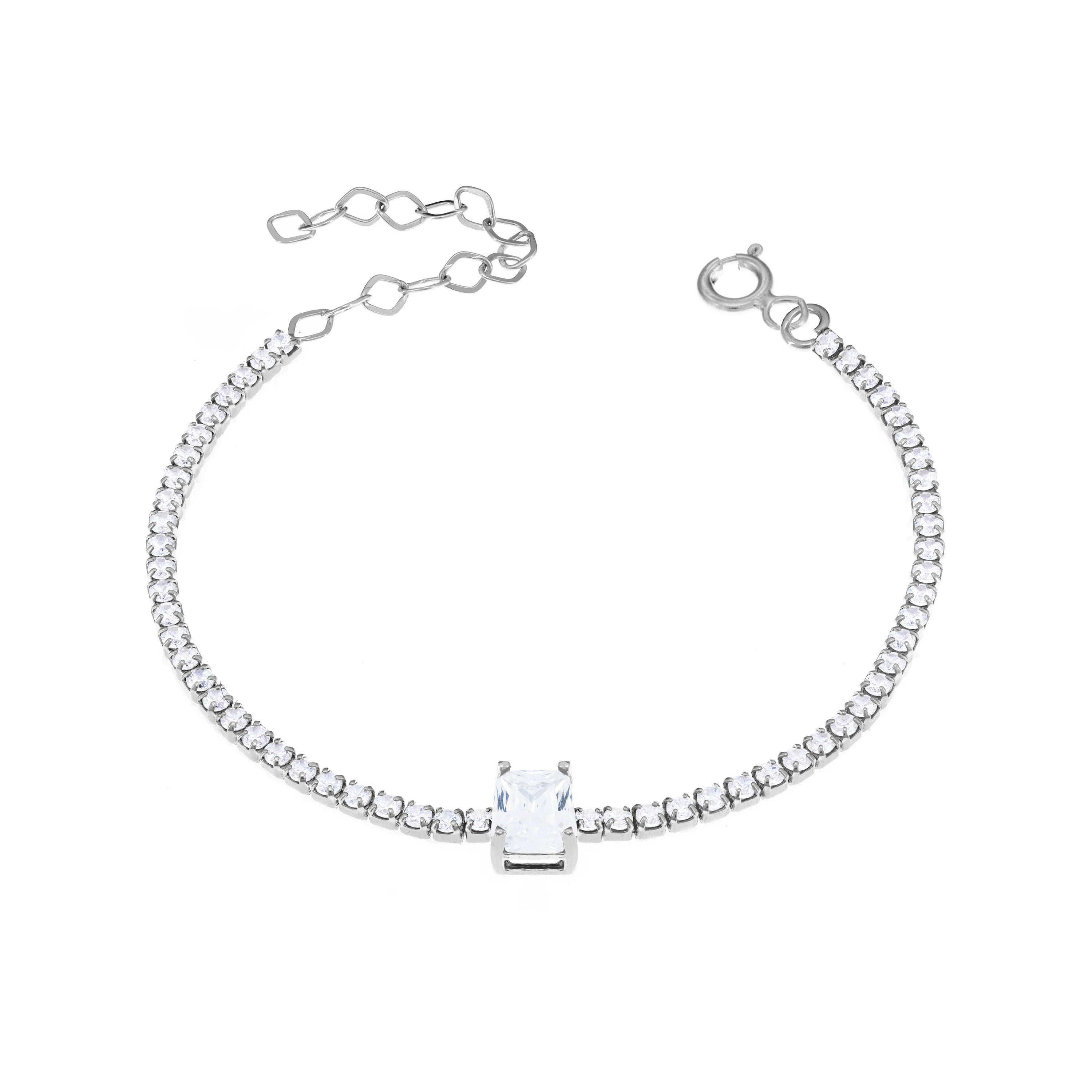 Tennis Bracelet With Center Square Stone - Silver White