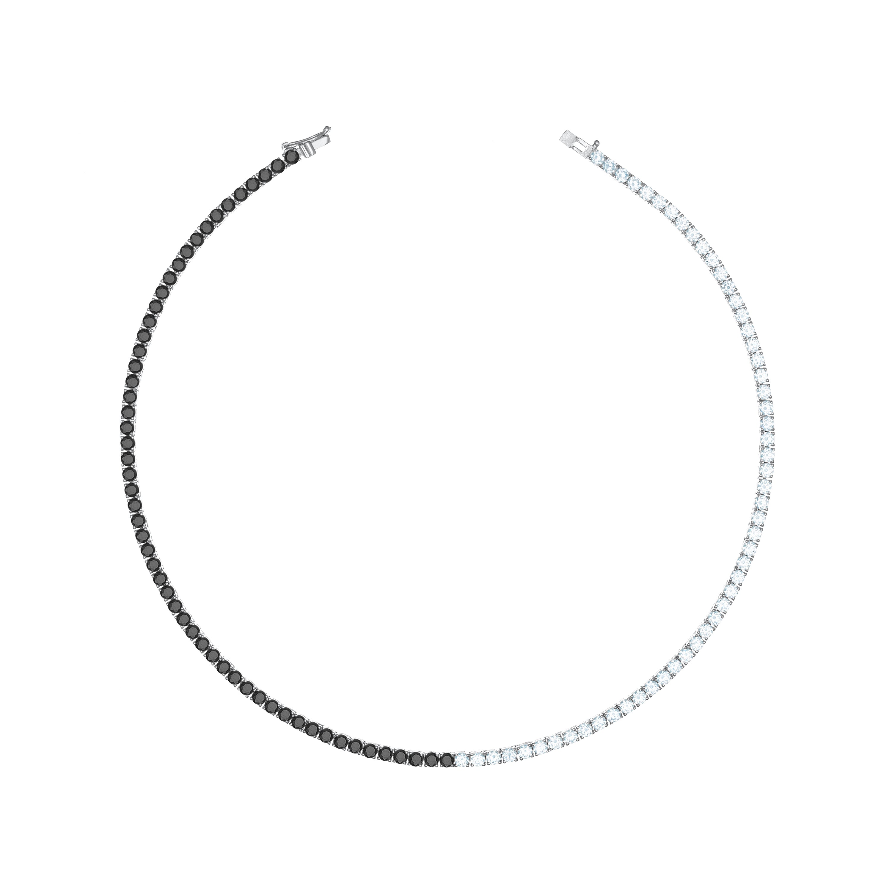 Tennis Necklace With Box Clasp - SIlver Half Black Half White - 3mm