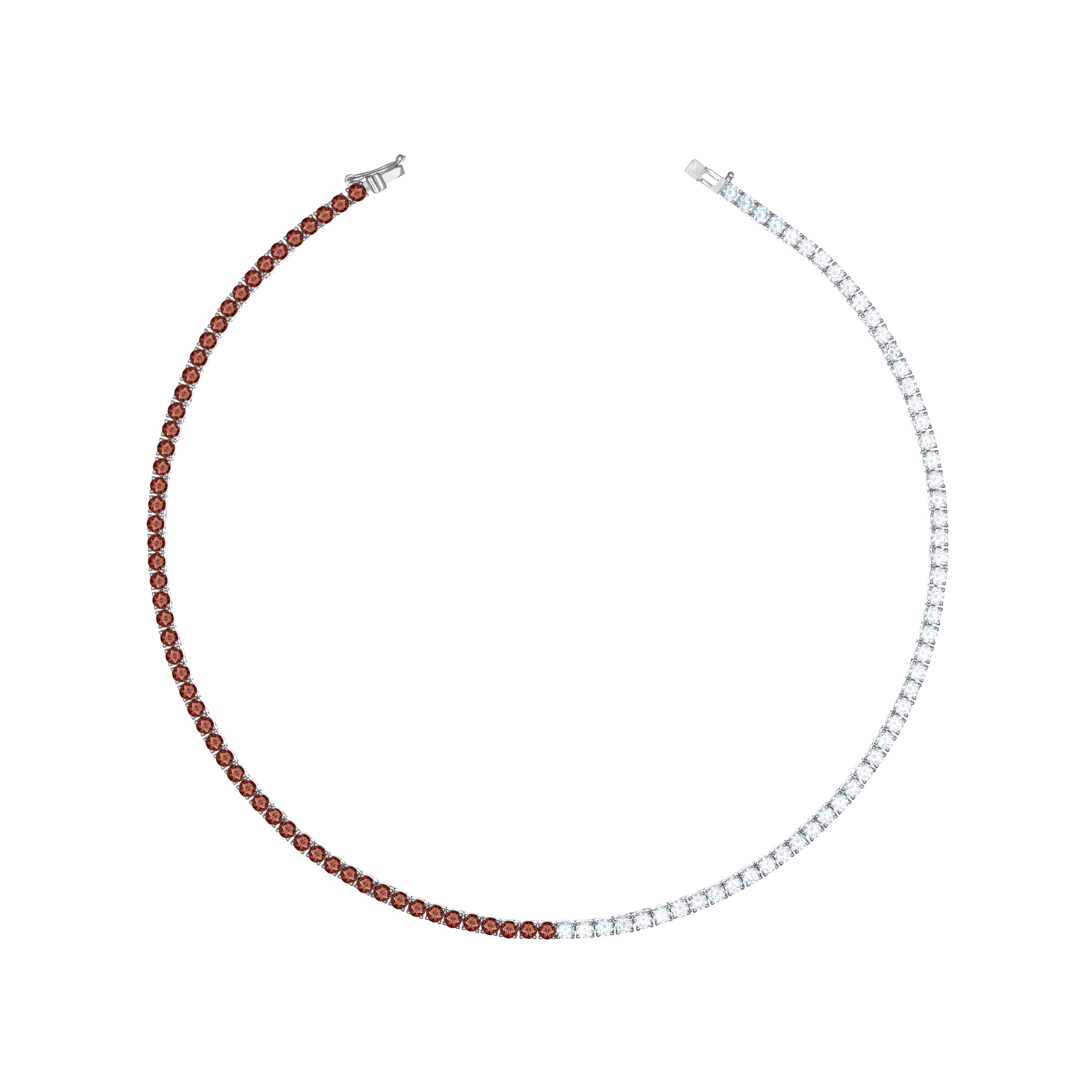 Tennis Necklace With Box Clasp - Silver Half Brown Half White - 3mm