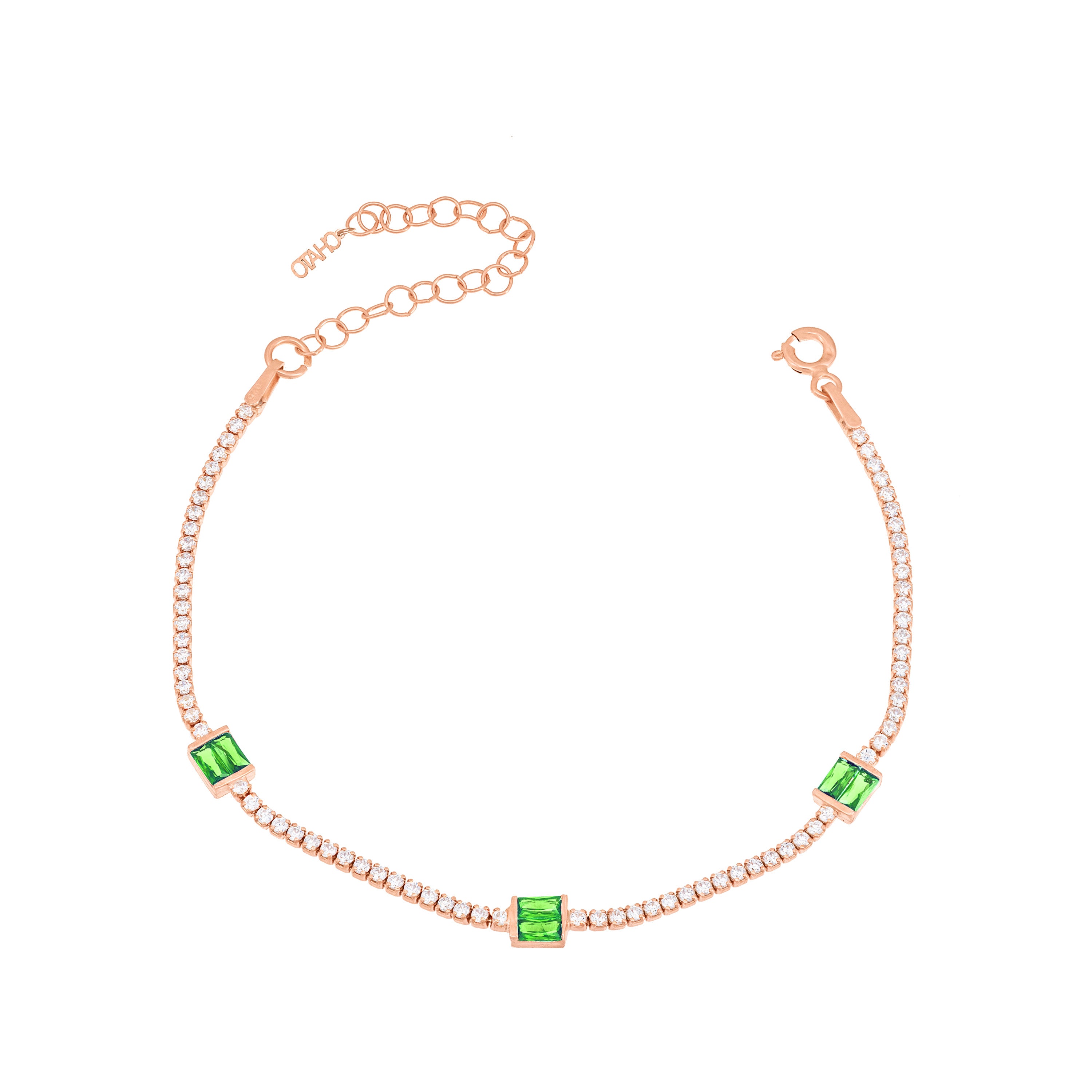 Three Baguette Cut Tennis Bracelet - Rose Gold Green And White