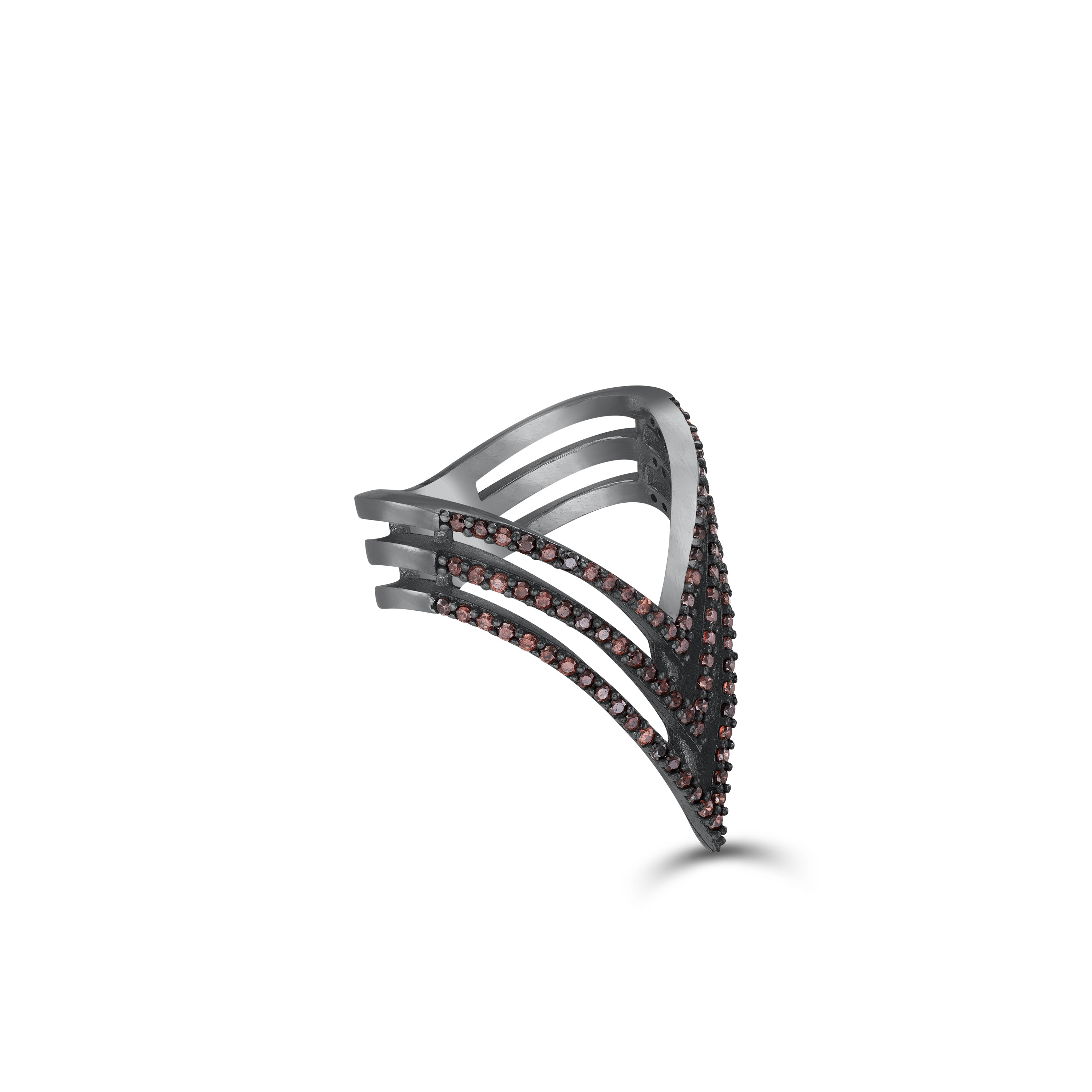 Three Layer V-Shaped Cubic Zirconia Ring - Black Rhoduim Brown