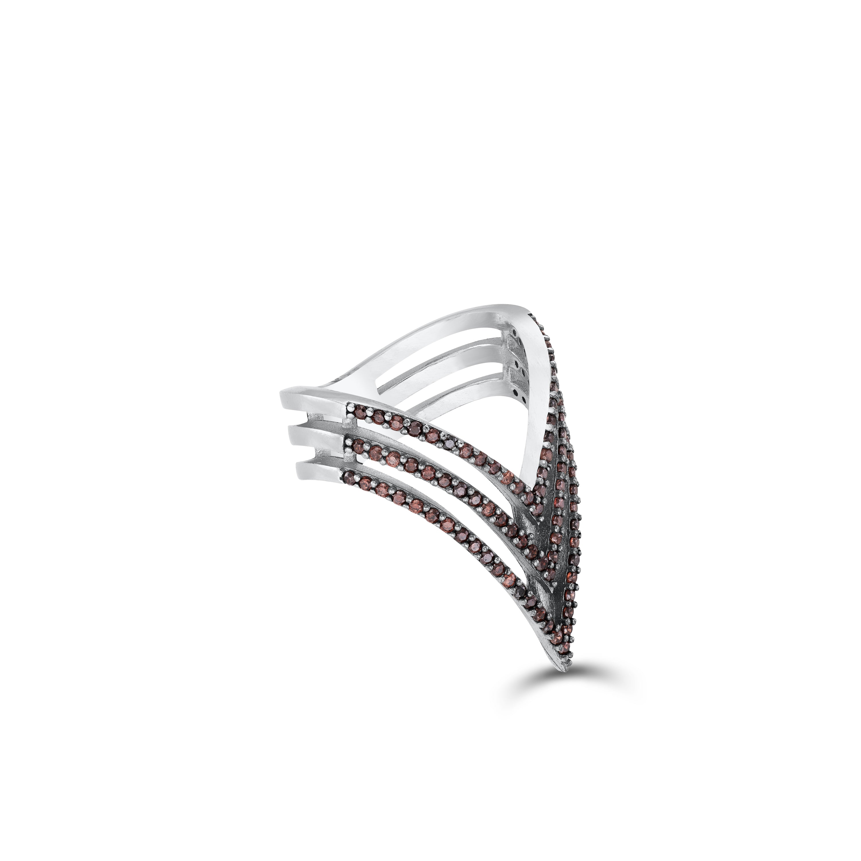 Three Layer V-Shaped Cubic Zirconia Ring - Silver Light Brown