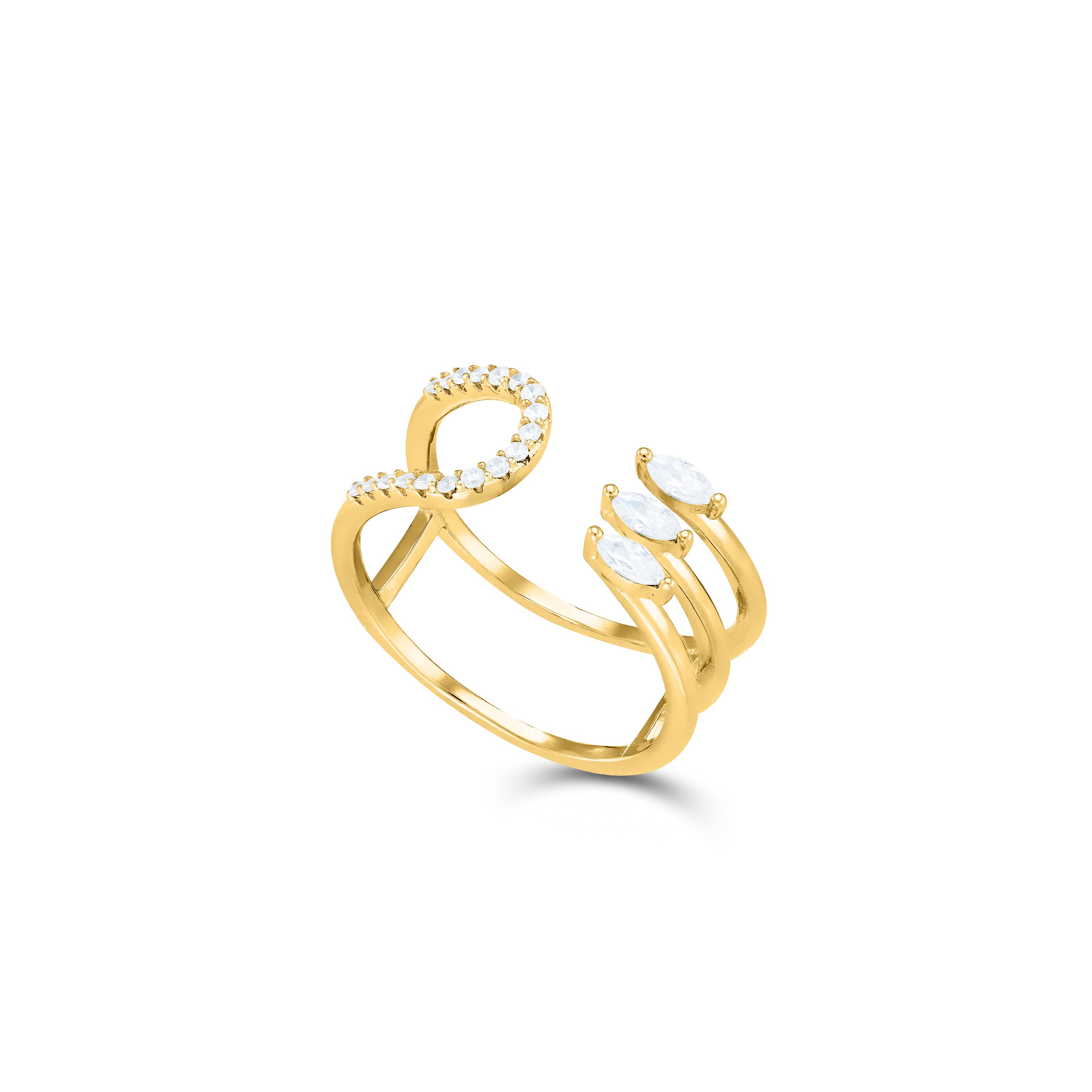 Three Marquise And Half Cz Double Line Open Ring - Gold White