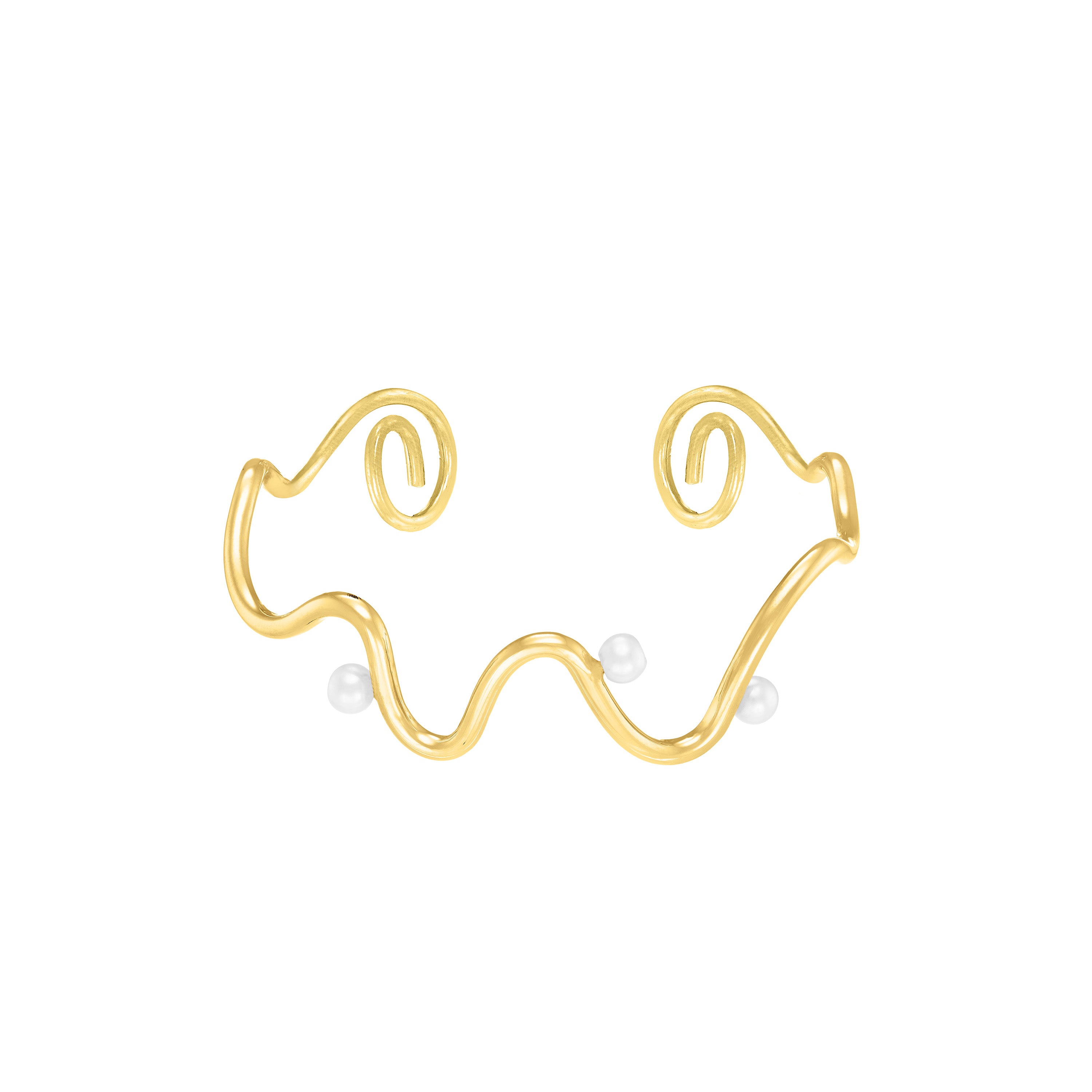 Three Pearl Wave Line Bangle - Gold White