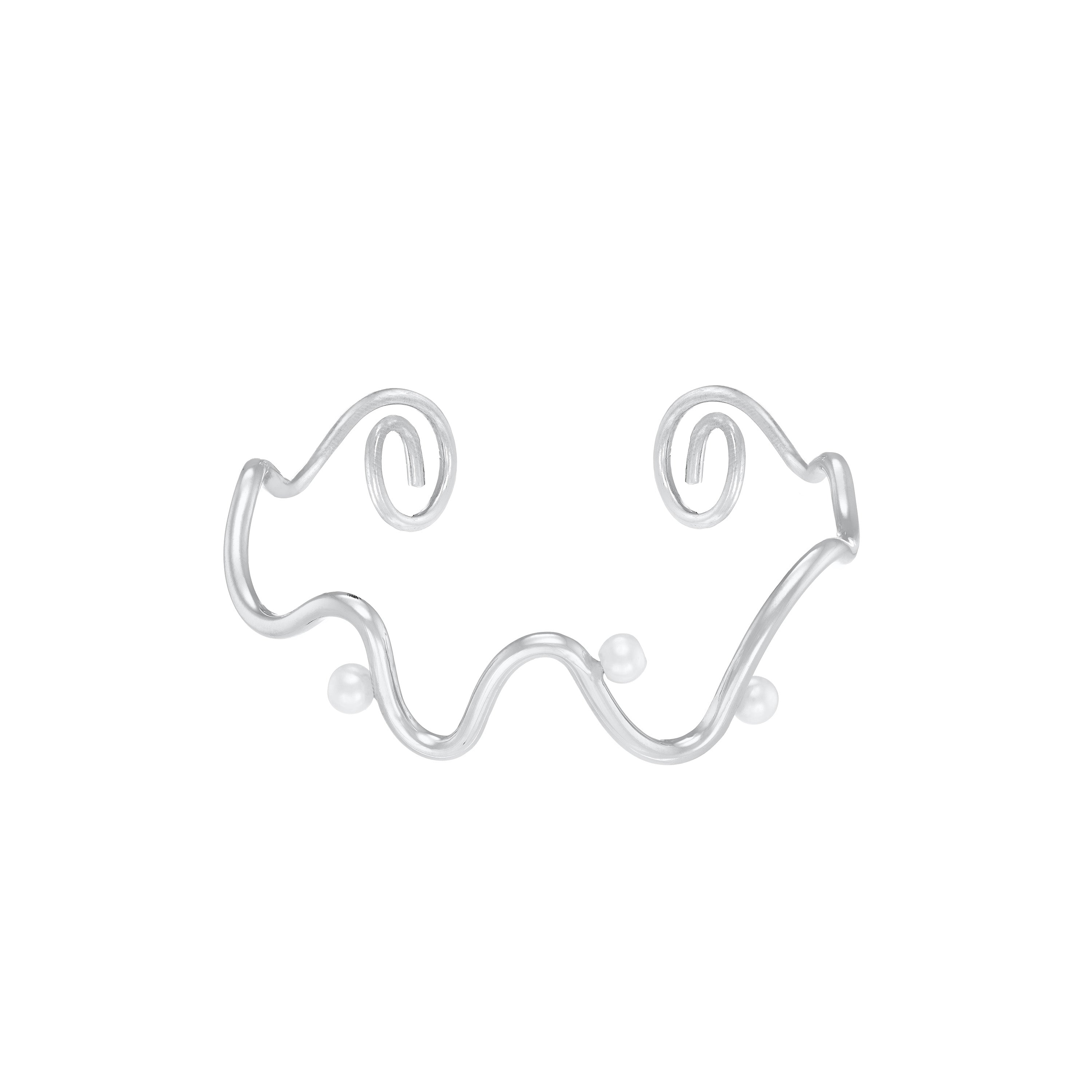 Three Pearl Wave Line Bangle - Silver White