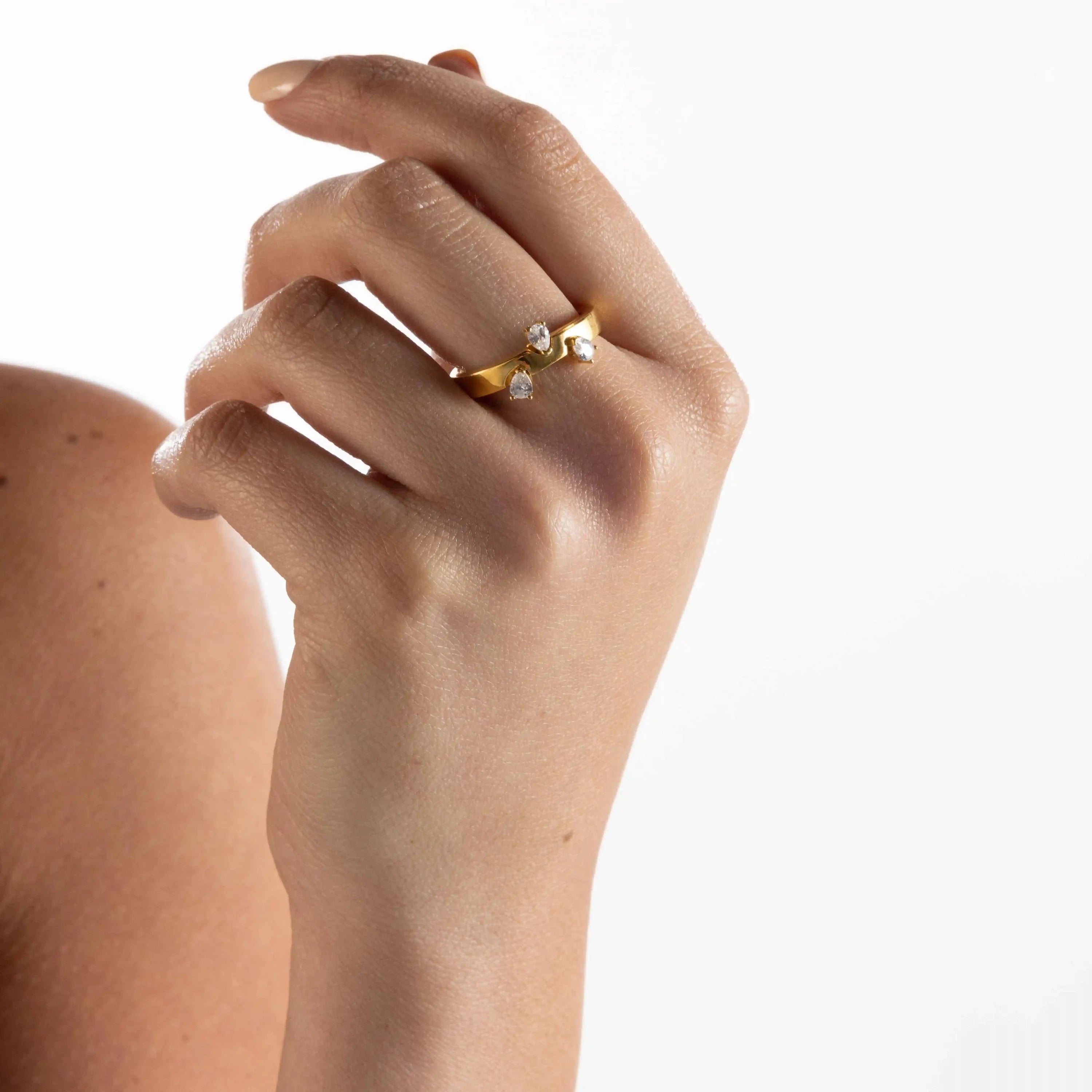 Three Stones Teardrop Bar Ring - Gold White