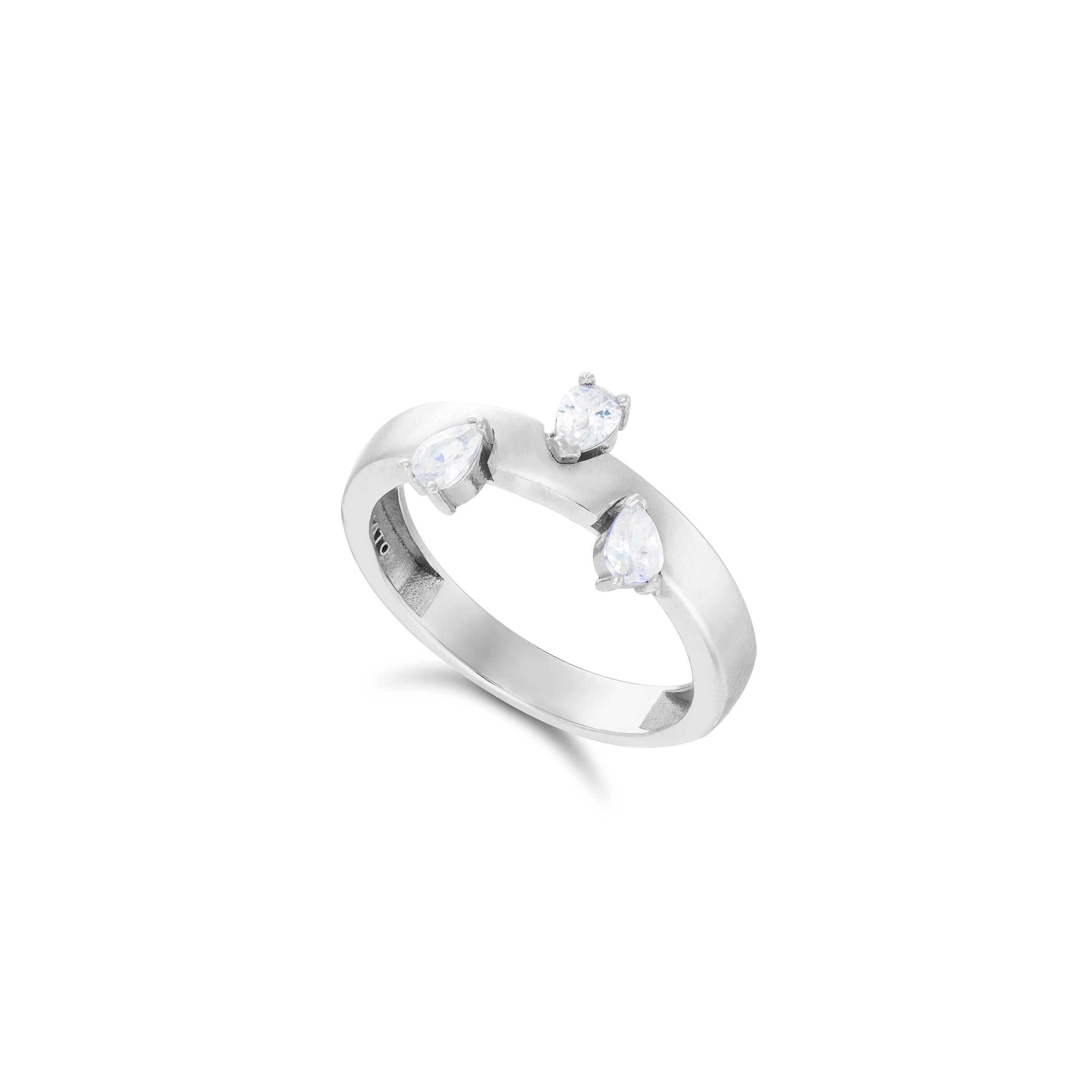 Three Stones Teardrop Bar Ring - Silver White