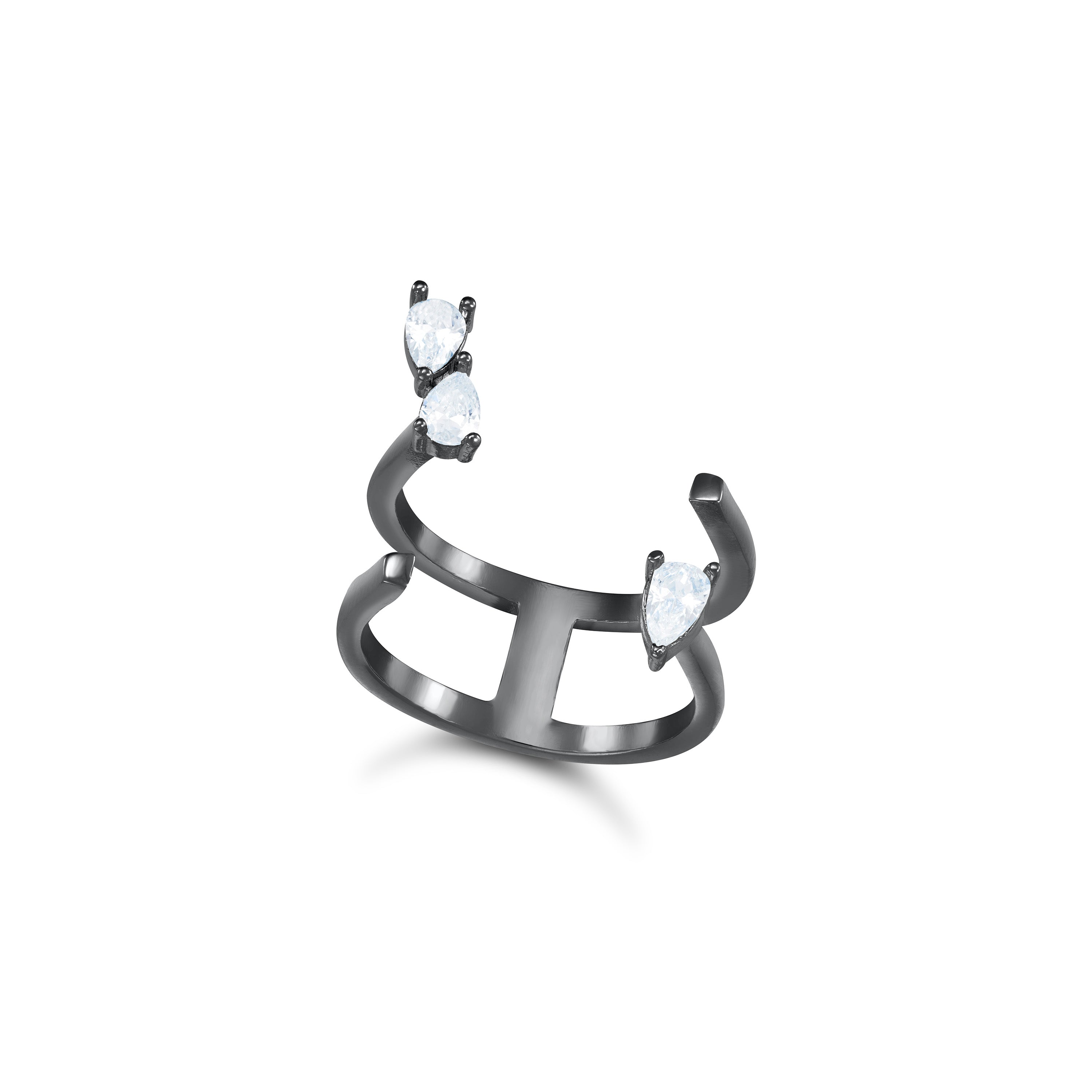 Three Teardrop Dual Band Open Ring - Black Rhodium White