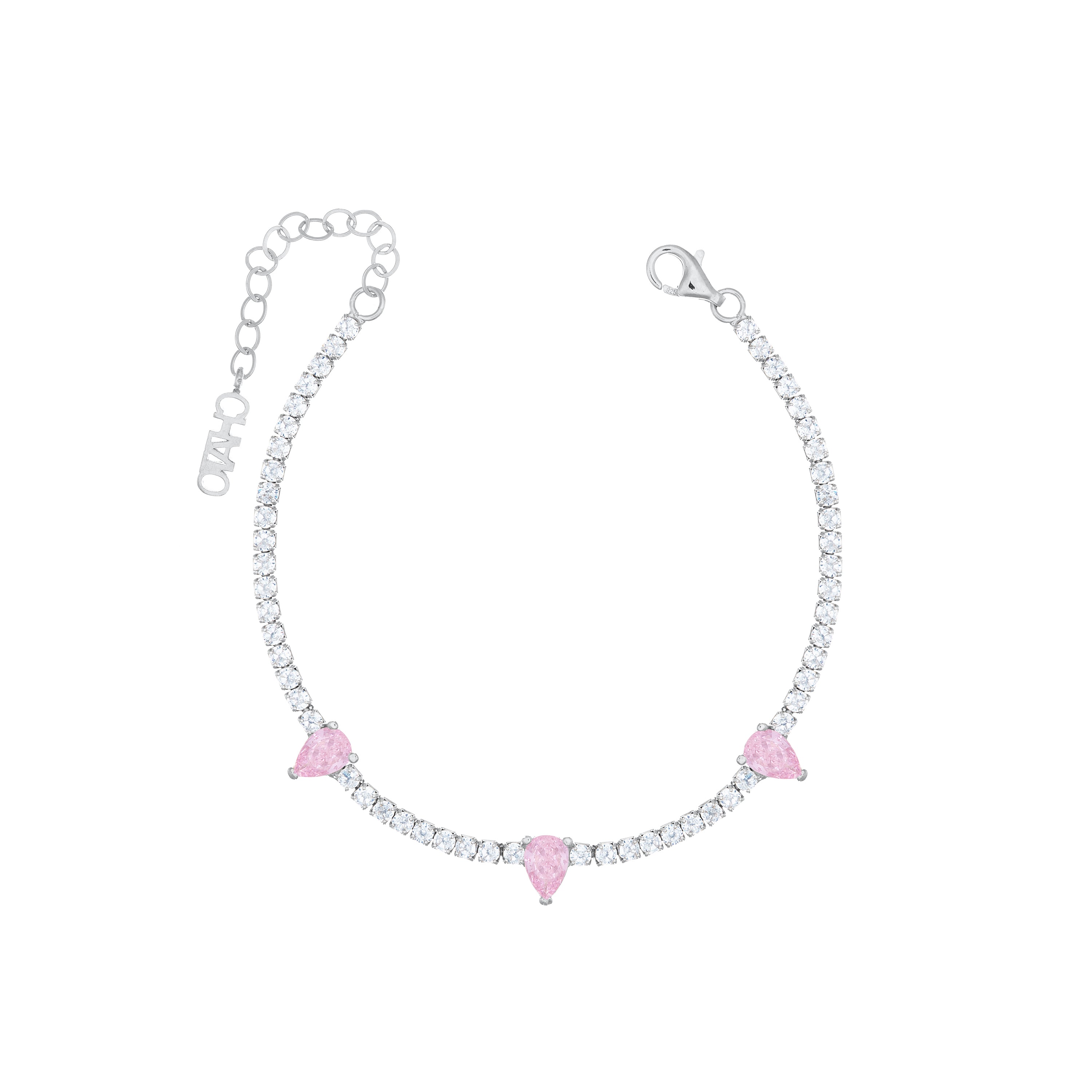 Three Teardrops Tennis Bracelet - Silver Light Pink And White