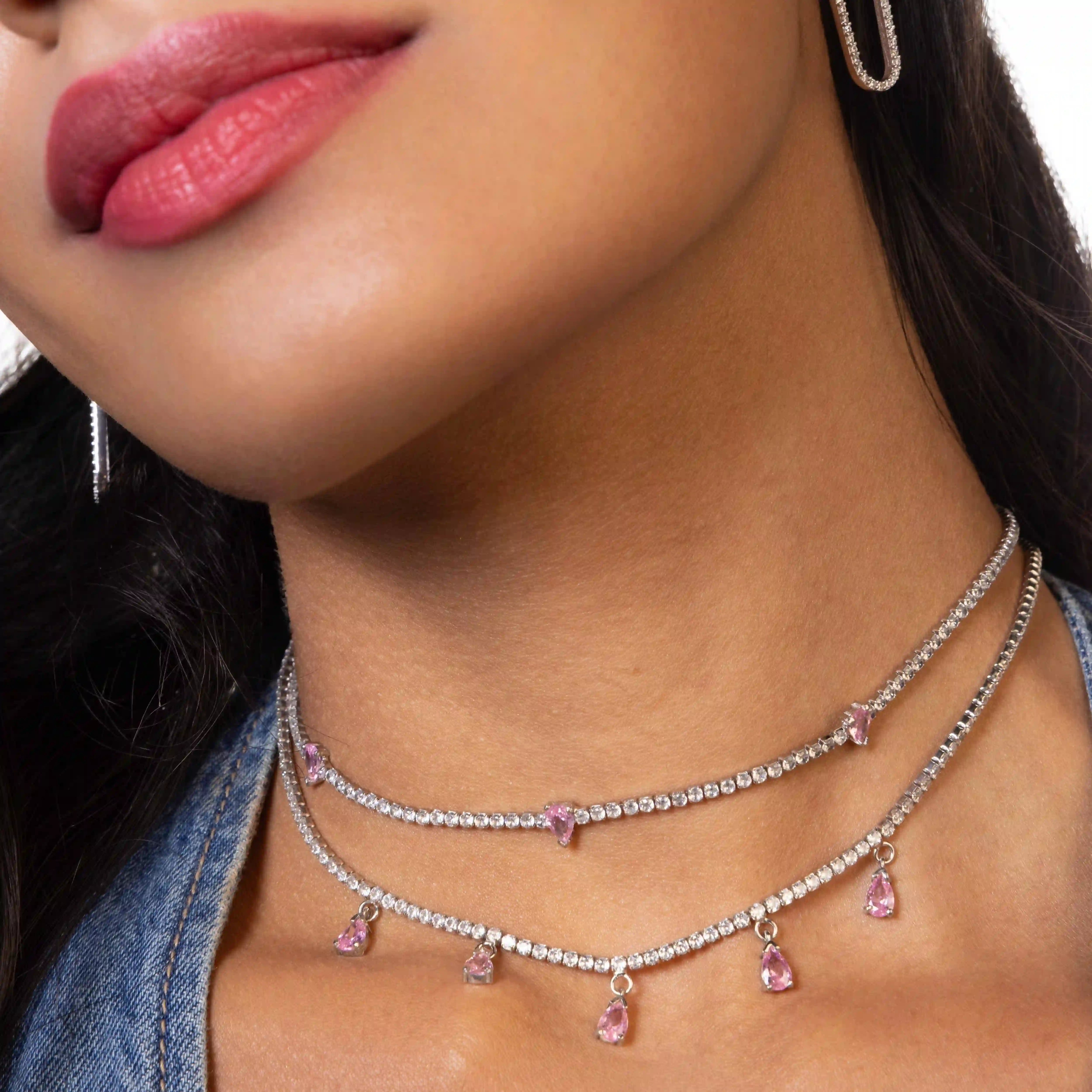 Dangling Multi Teardrop Tennis Choker - Silver Light Pink And White