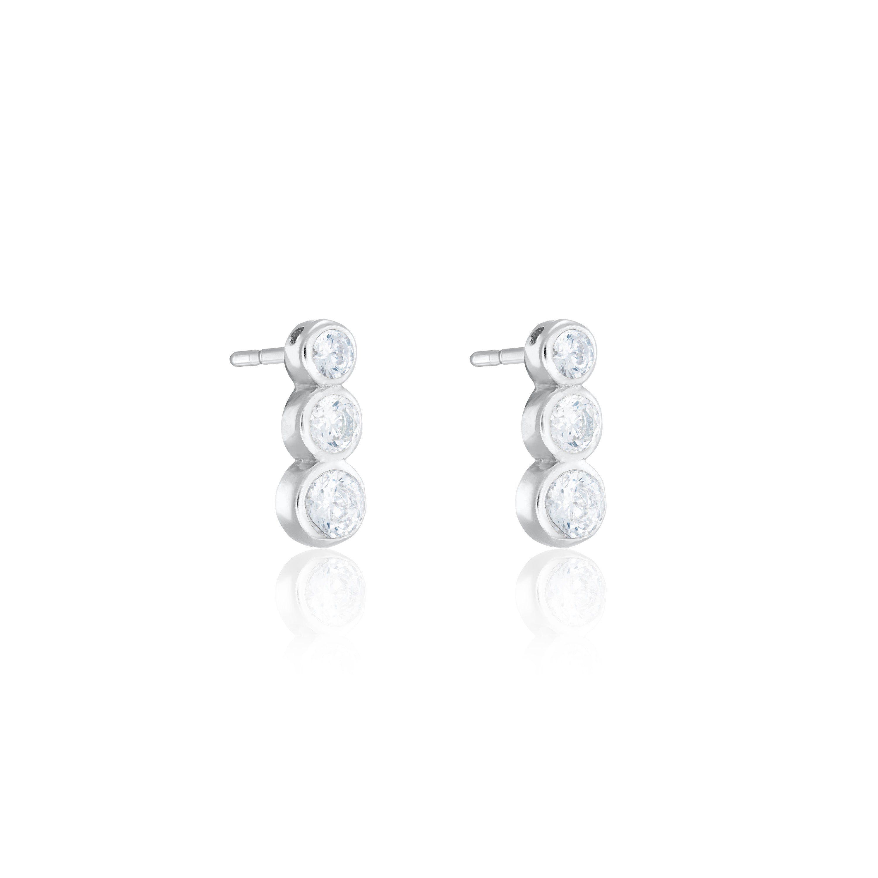 Triple Graduated Cubic Zirconia Bezel Stud Earrings - Silver White