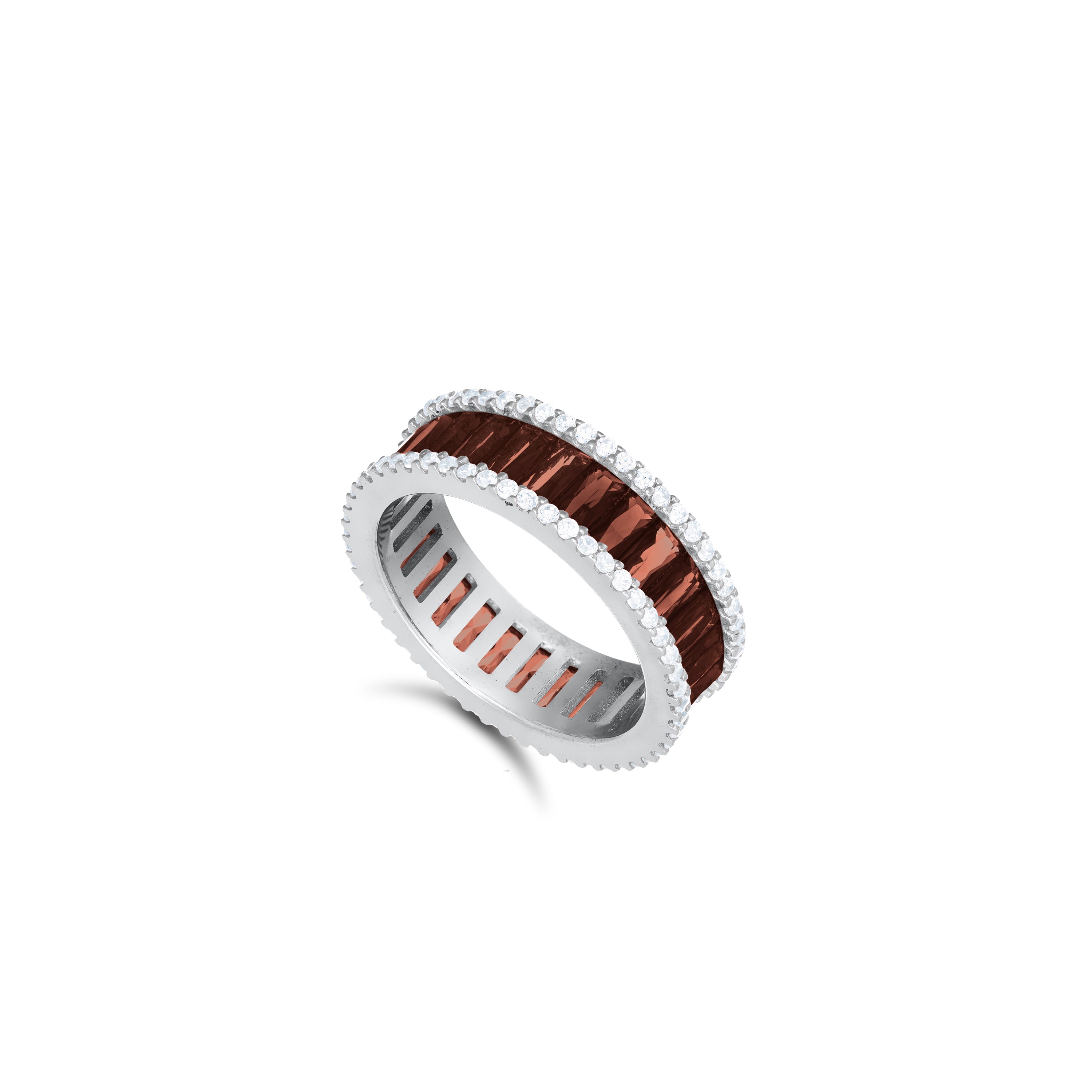 Two Parallel CZ Line With Baguette Eternity Ring - Silver Brown And White