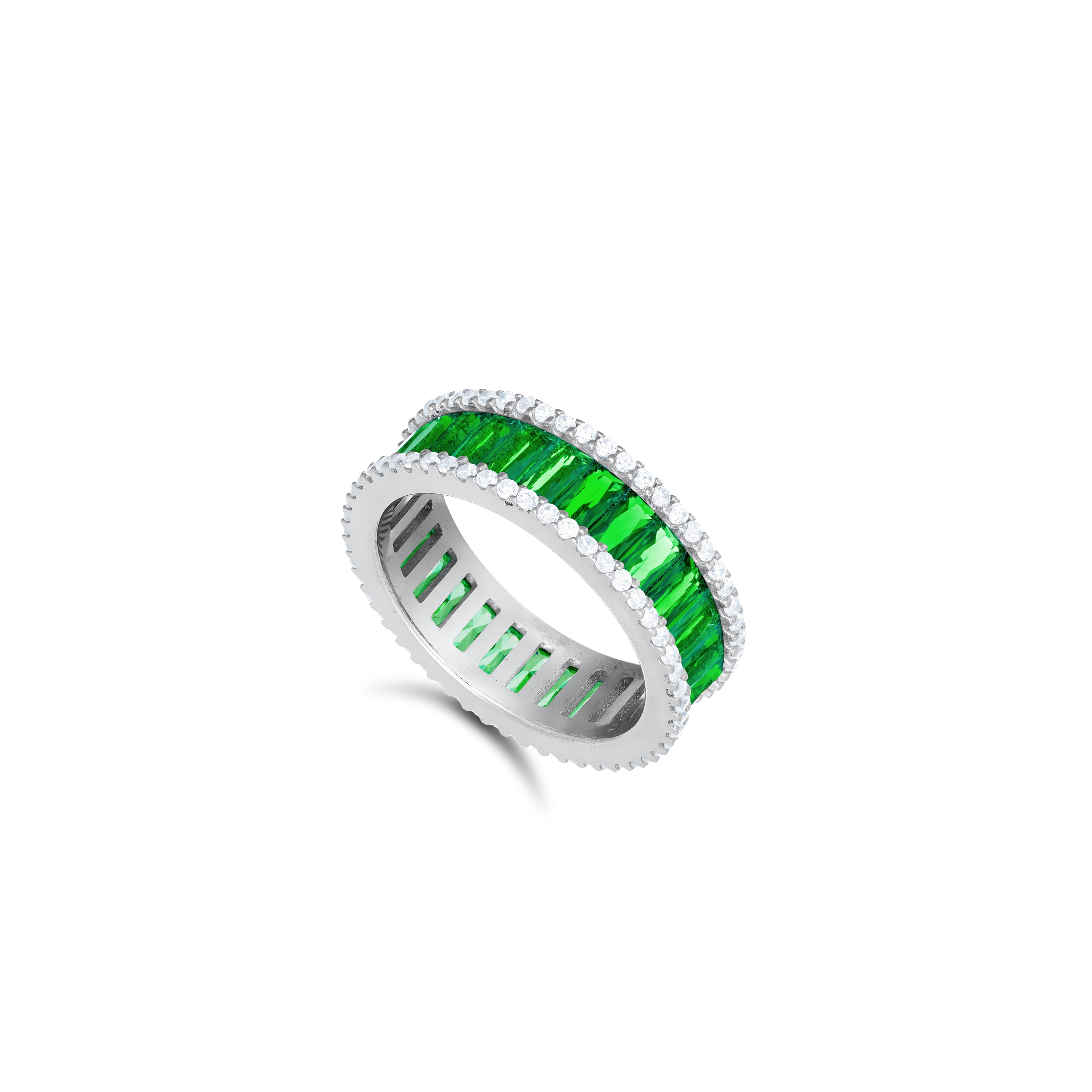 Two Parallel CZ Line With Baguette Eternity Ring - Silver Green And White