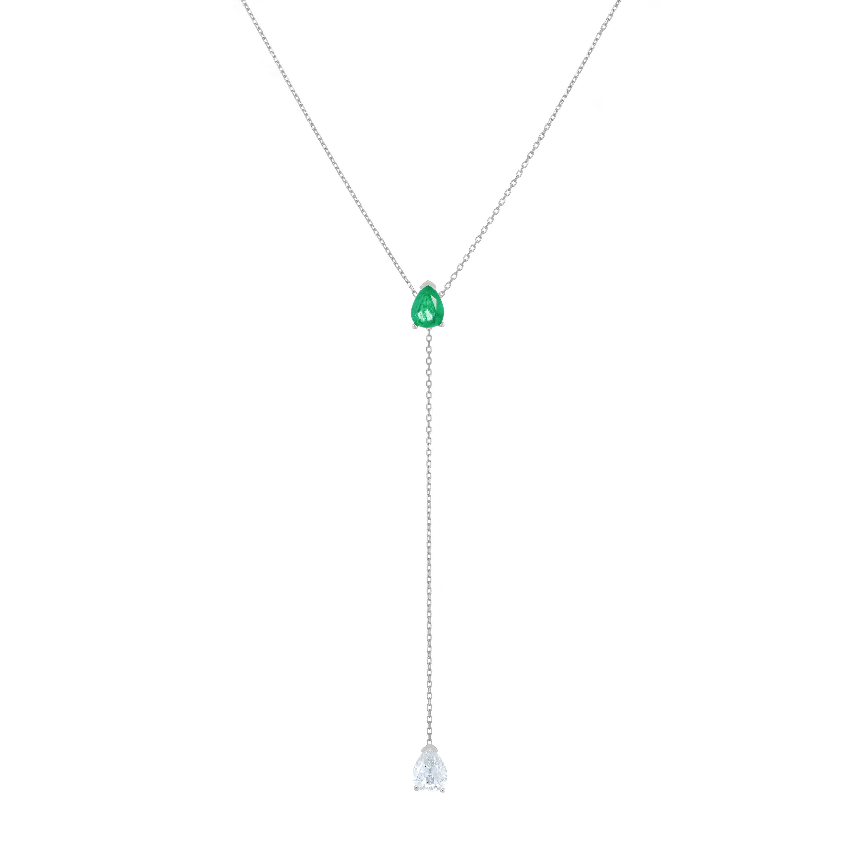 Two Teardrops Lariat Necklace - Silver Green Matt And White