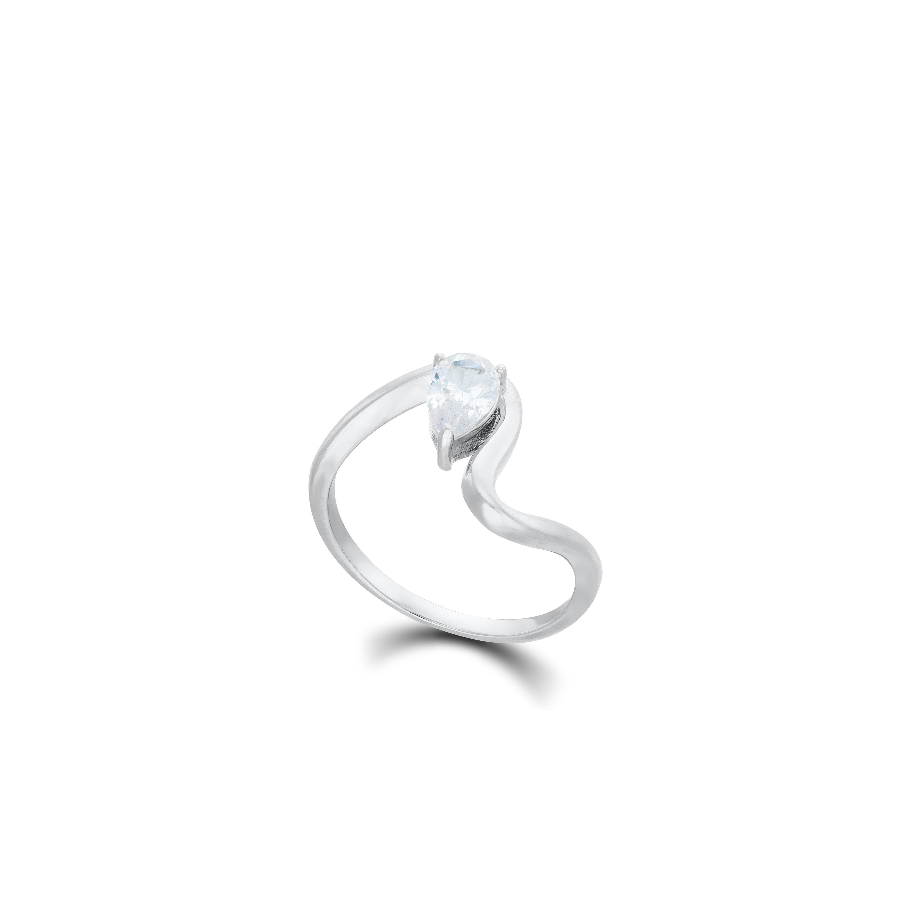 Wave Teardrop Cz Band Ring - Silver White