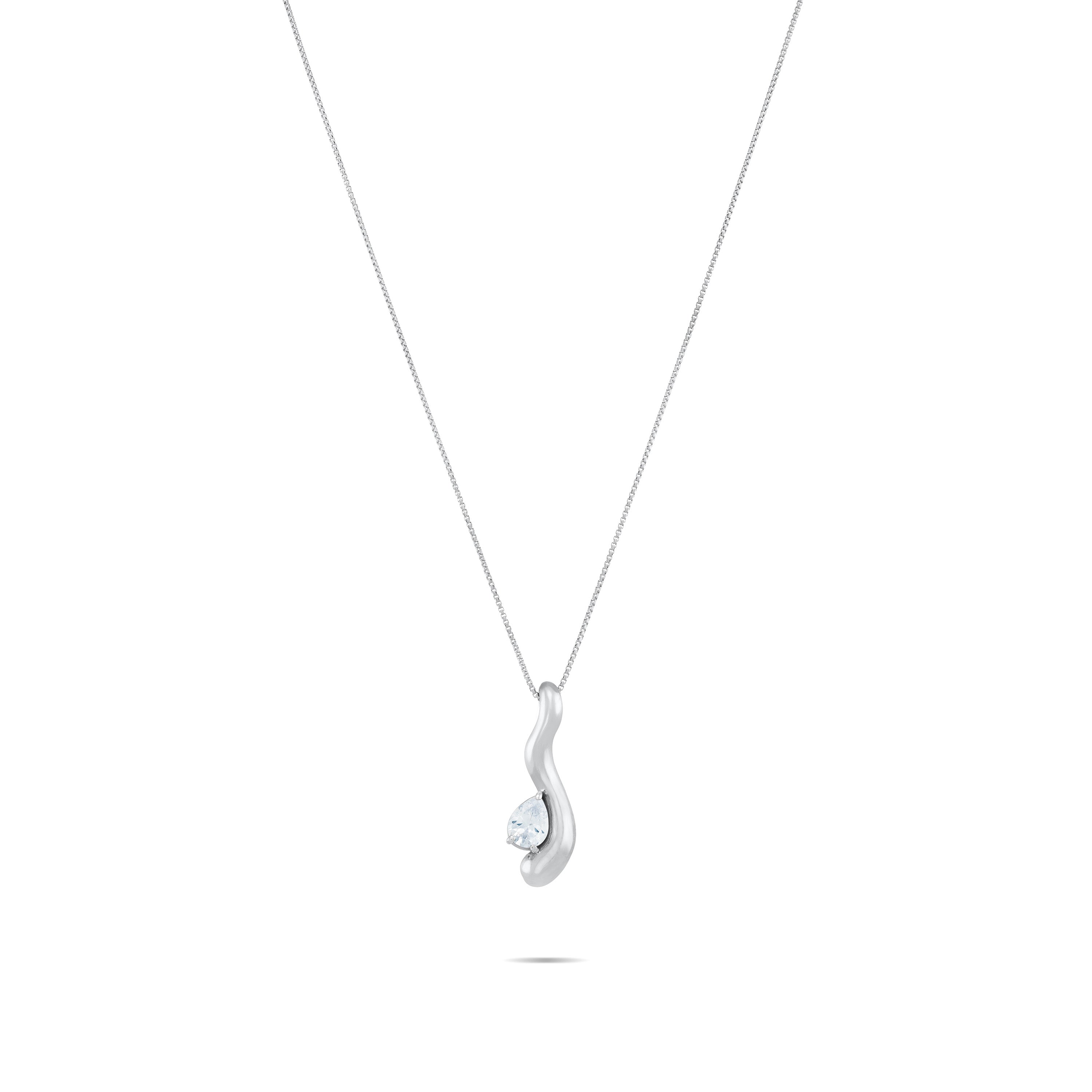 Wavy Teardrop Cubic Zirconia Pendant Necklace - Silver White