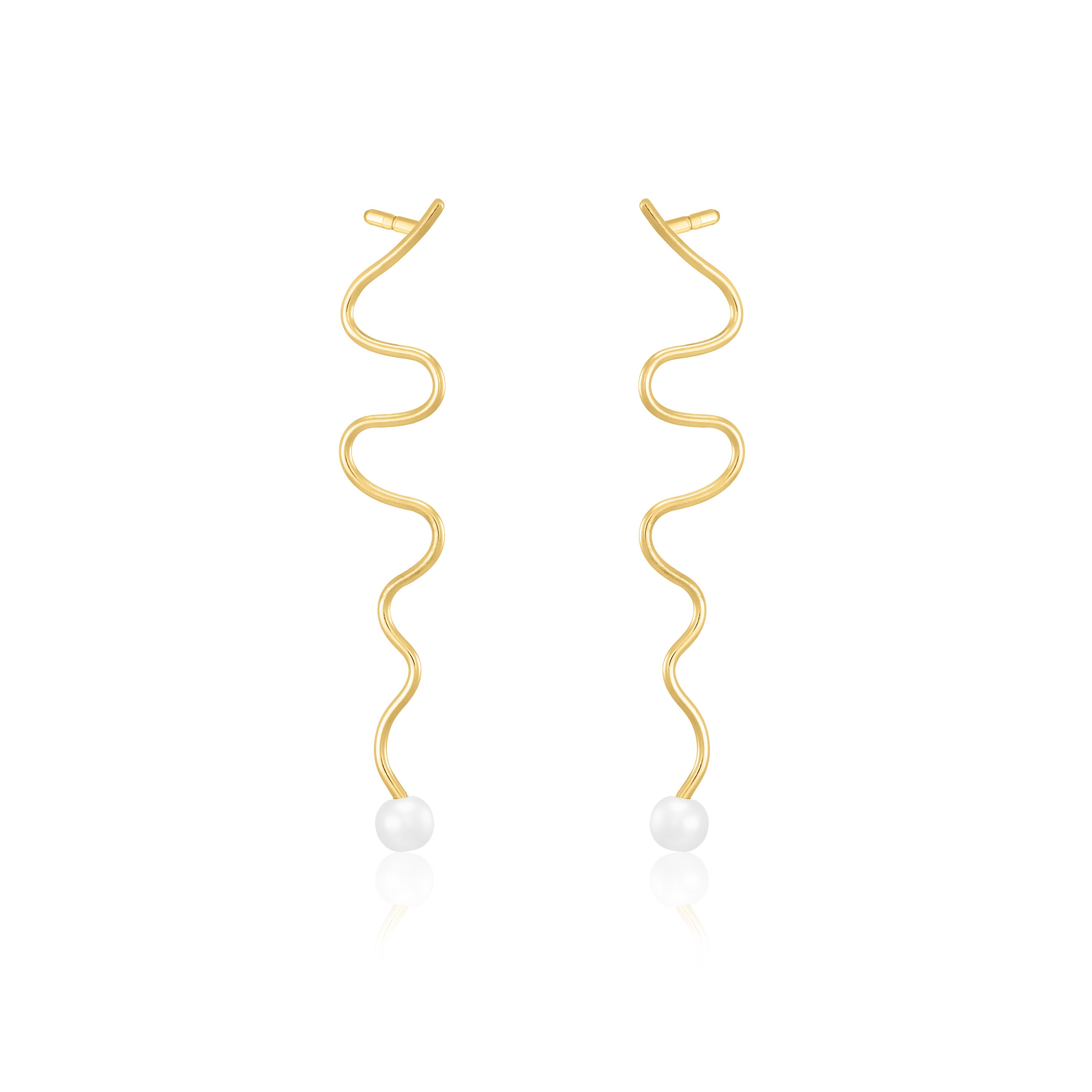 Zig Zag Wire Pearl Dangle Earrings - Gold White
