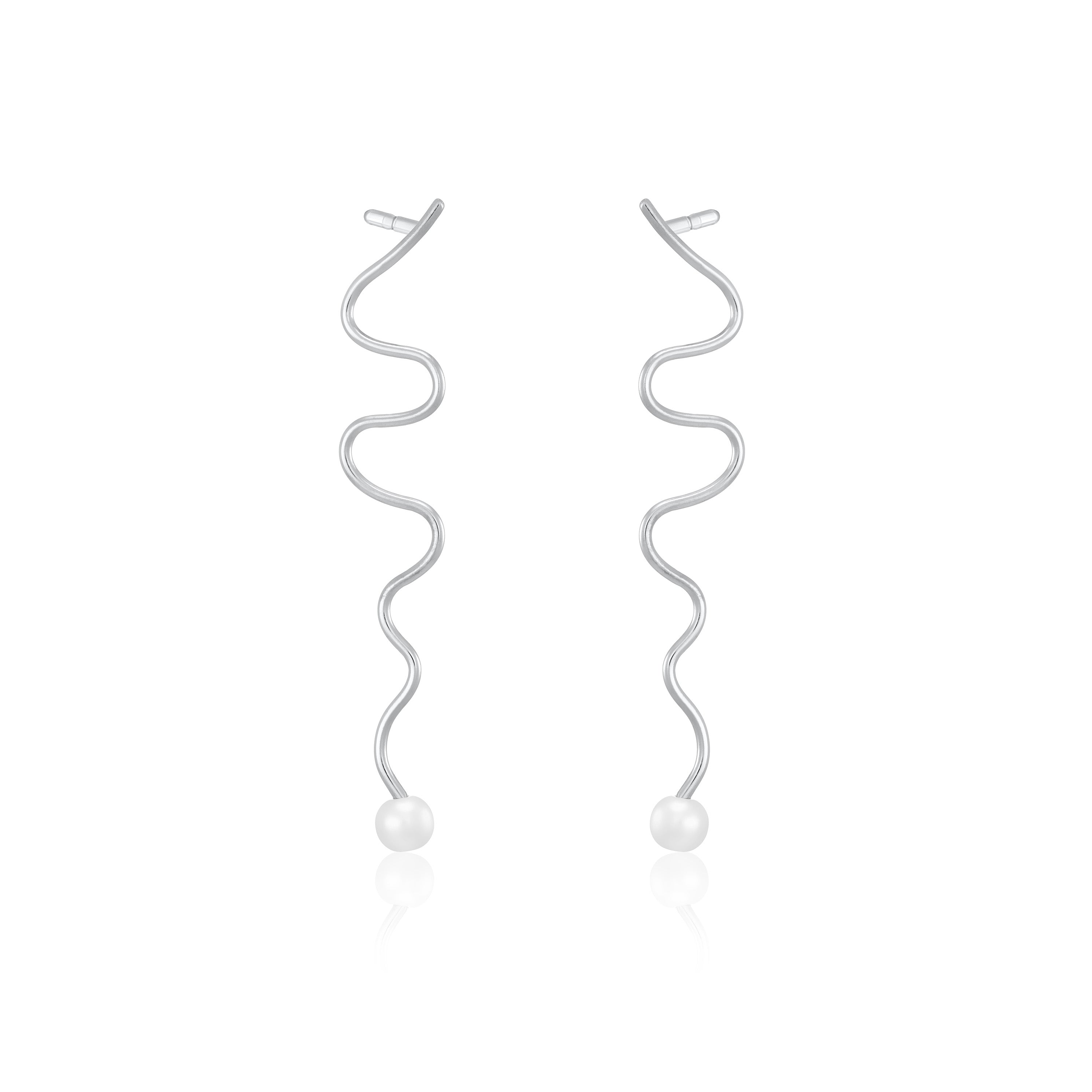 Zig Zag Wire Pearl Dangle Earrings - Silver White