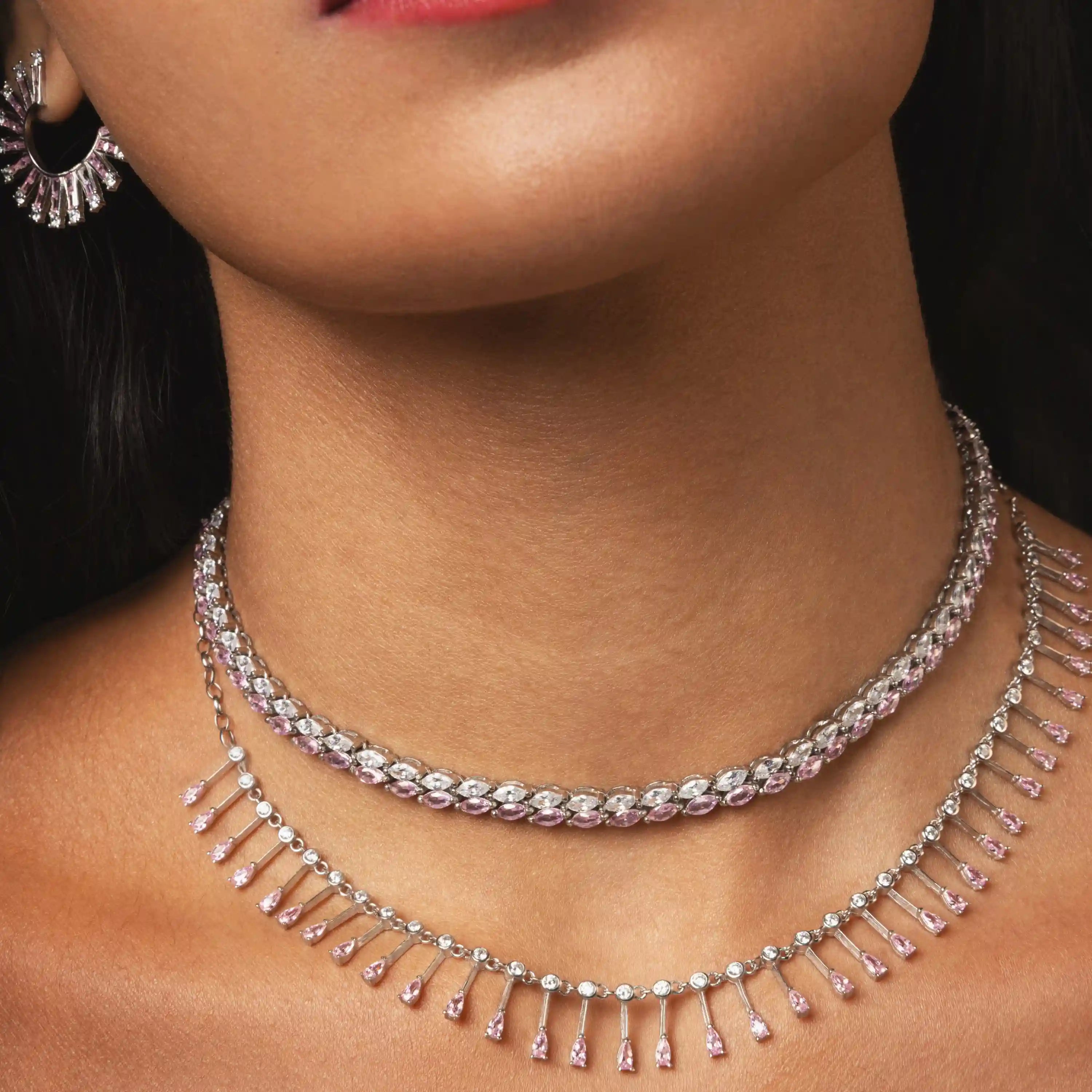Double Marquise Line Tennis Choker - Silver Light Pink