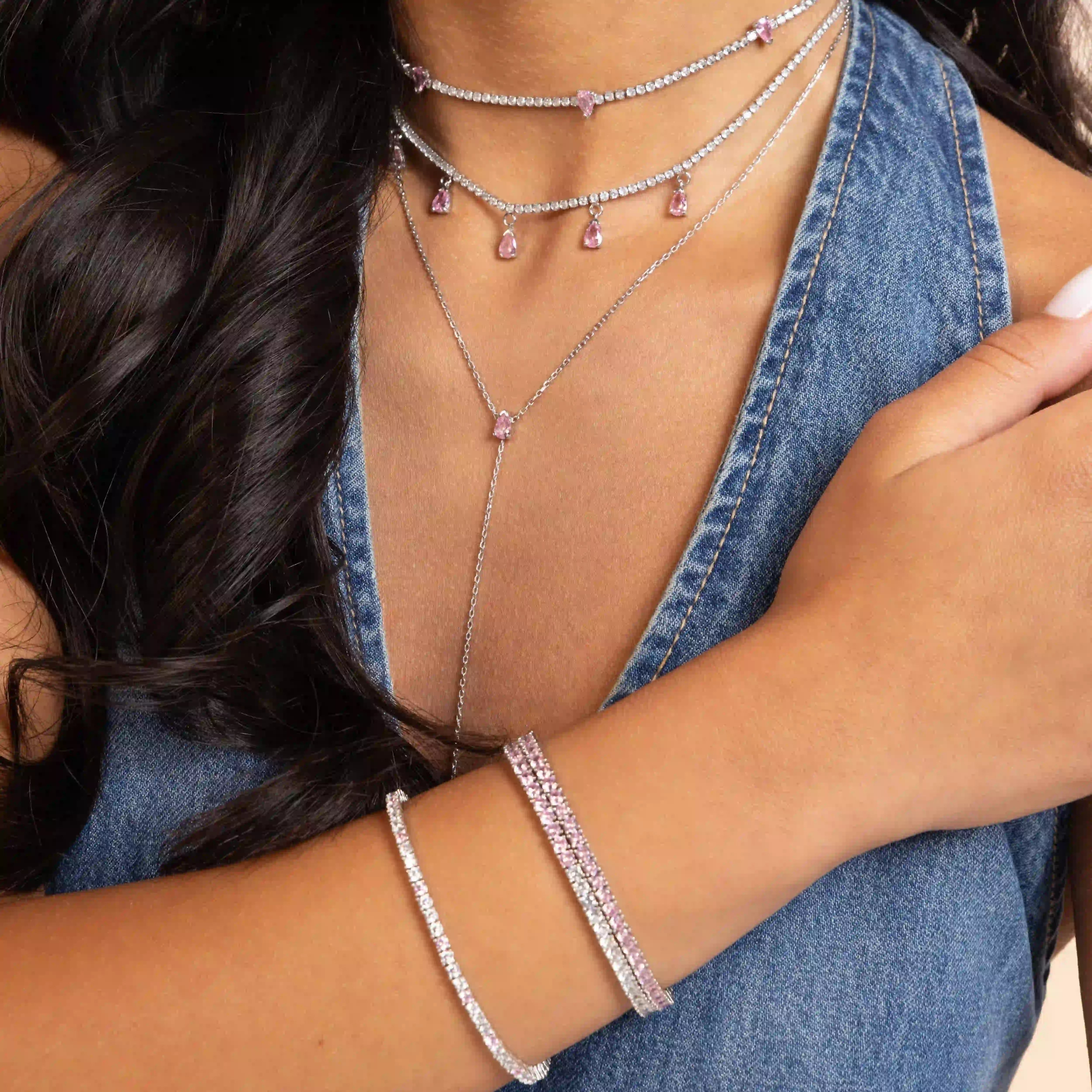 Two Teardrops Lariat Choker - Silver Light Pink