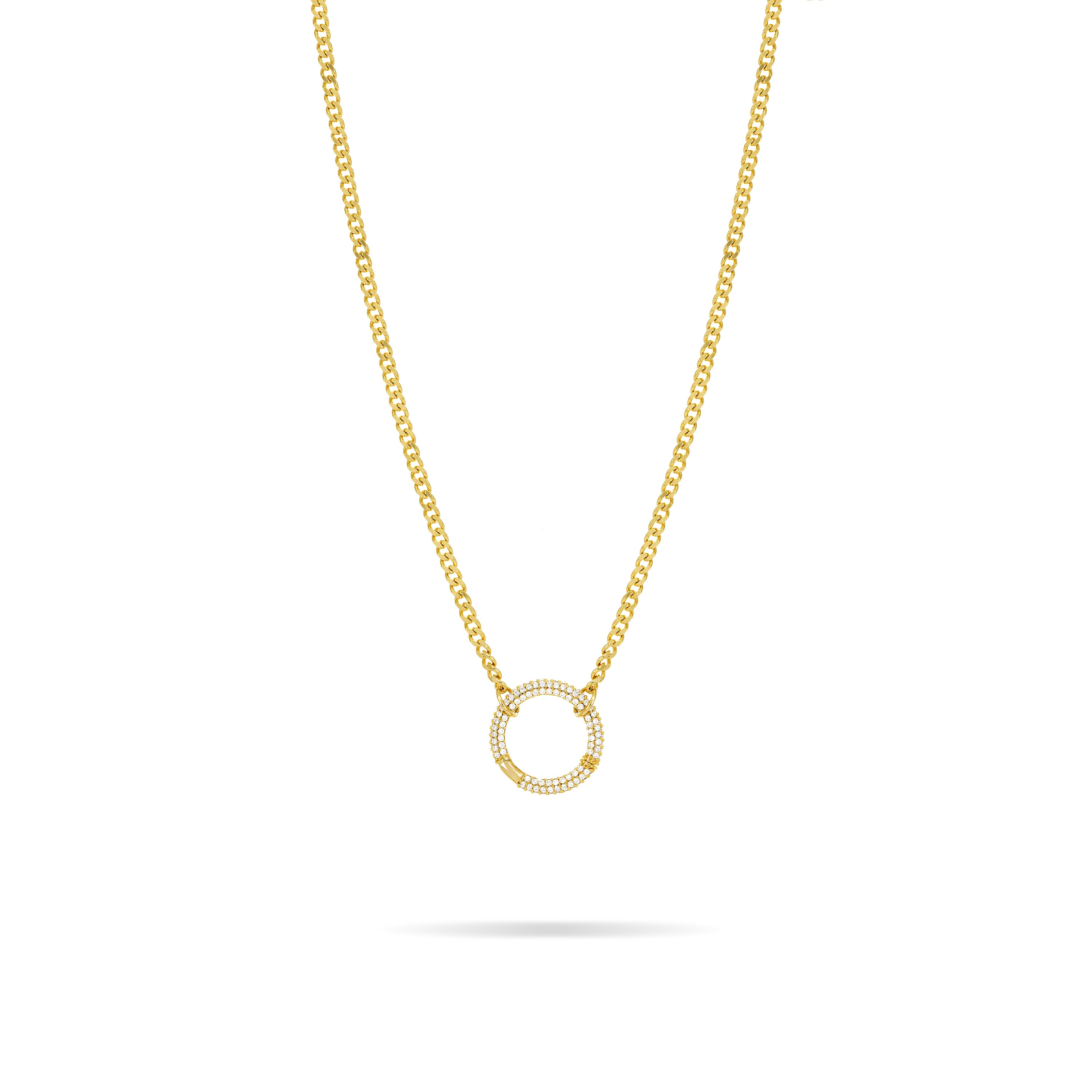 Cubic Zirconia Circle Pendant With Curb Chain Necklace