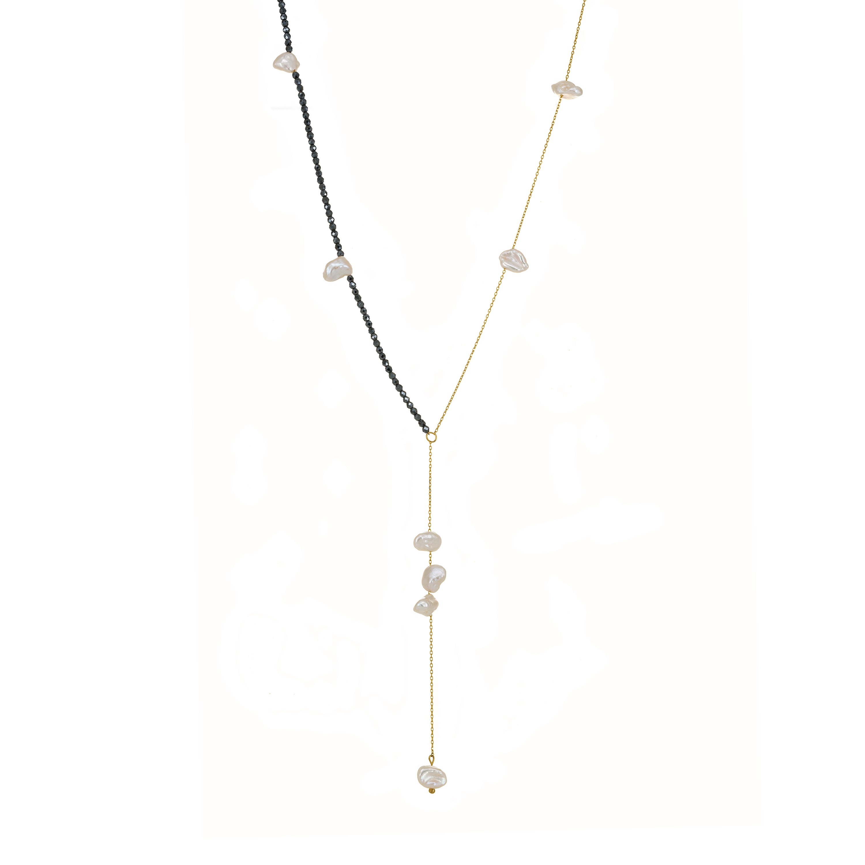 Half Hematite Half Pearl Lariat Chain Necklace